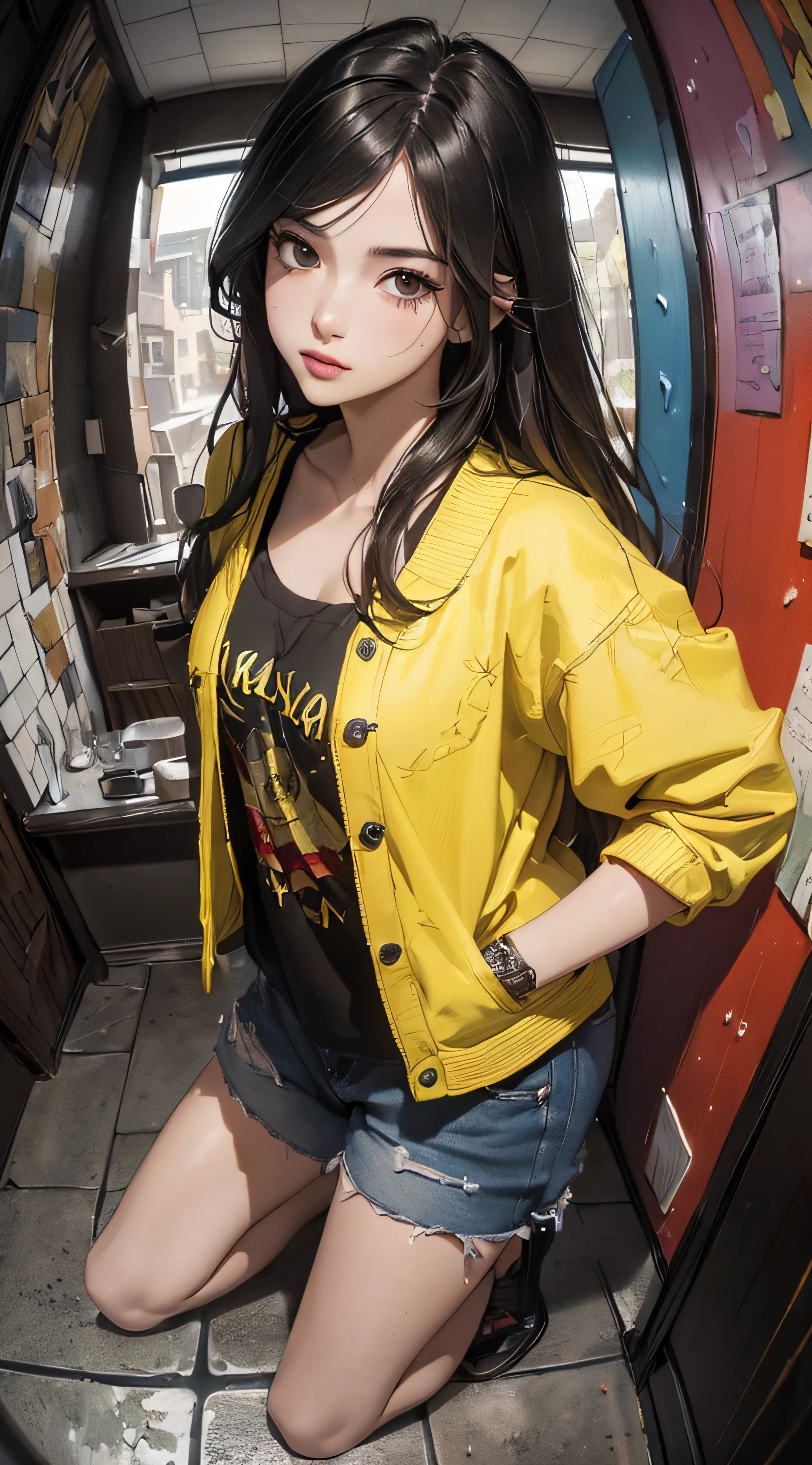 realistic, 1 women, best quality, 12k, HD, long hair, big round breasts, cleavage, ponytail, necklace, jewelry, shorts, short jacket, slim hips, hair tie, yellow eyes, black hair, super detailed, Eye details, hair details, person details, mouth details, face details, breast details, clothes details, hair details, pants details, hand details, whole body