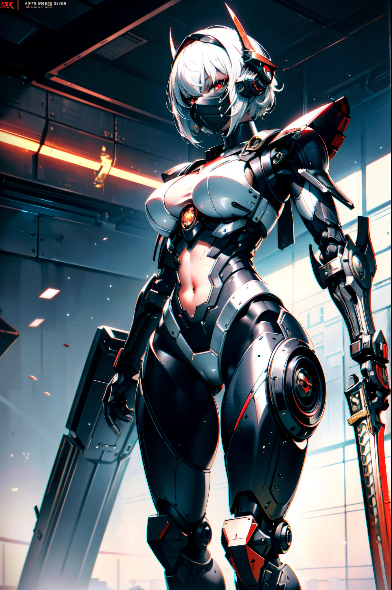 Extraordinary beautiful girl, fuselage, mechanical naked robot, mecha girl, White hair, Short hair details, (red eyes:1.3), Inorganic skin, science fantasy,intermittently, (katana swords), (Perfect Finger, 4fingers and 1thumbs), (There are thick armors on the limbs:1.5), (Lop, navel, absolutely_good memory), intermittently, samurais_shooting, Side focus, open stance, (Cybertech punk mask:1.2), There are huge thrusters on the waist, Side breasts, full bloom, ultra detailed concept art, The content is very detailed, hawken, sci-fi battlefield, tmasterpiece, Best quality at best, Capture super cute moments, depth of fields, ultra - detailed, 超高分辨率, c4d, octadale, 3D modeling, 8K, 16k,