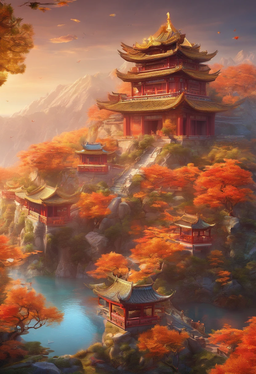 chinesedragon,an ancient chinese painting, ancient chinese background, mountain ranges, Rios, Auspicious clouds, Pavilion, rays of sunshine, tmasterpiece, super detailing, Epic work, hyper HD, high high quality, The is very detailed, offcial art, Unity8k wallpapers, super detailing