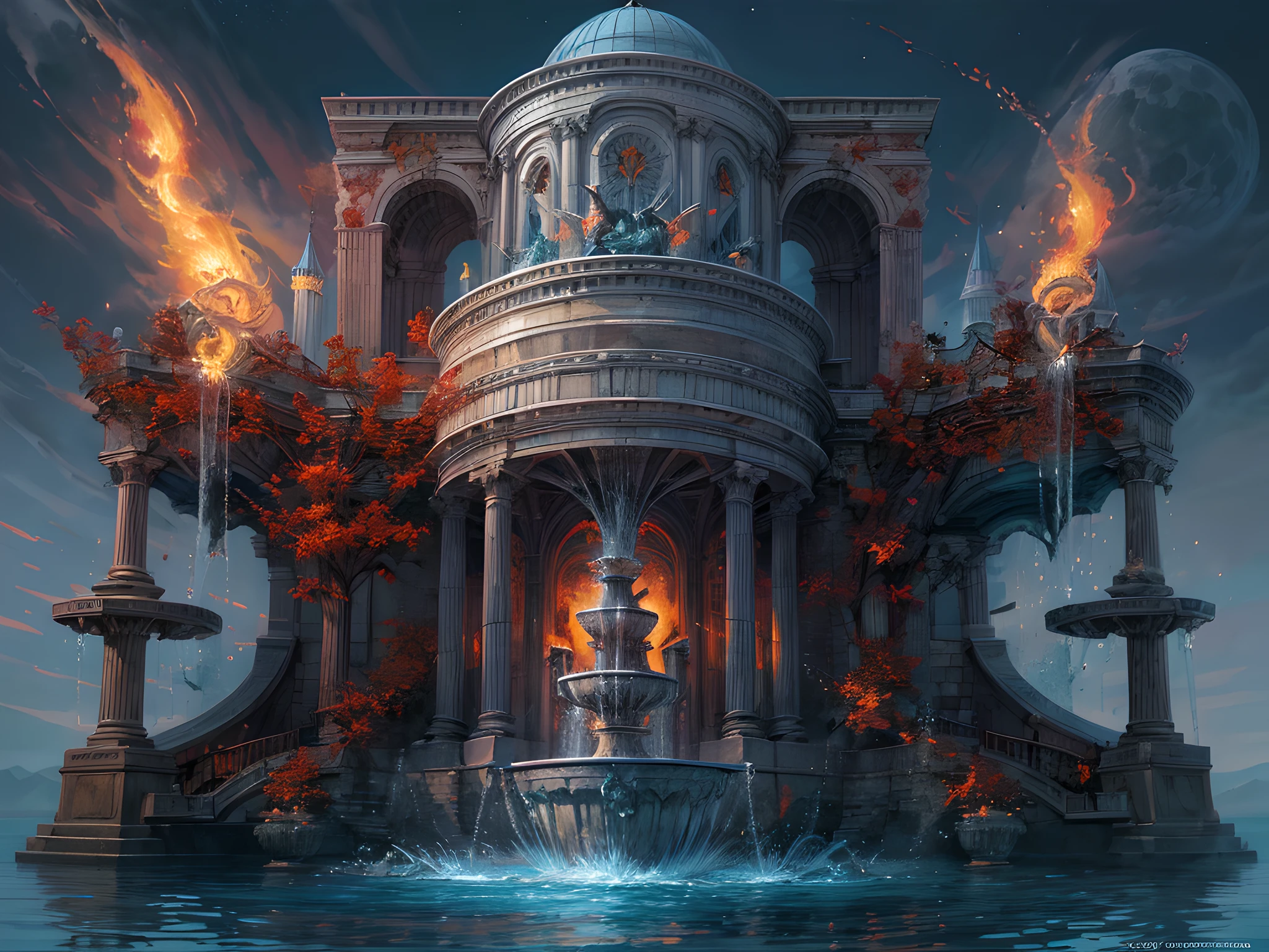 Fantasy art, RPG art, RAW, a picture of an epic sized magical (water fountain: 1.3) in an elven city town square, it has magical runes gl0w1ngR in the basin of the fountain, many rivulets of water entwined in (glowing fire: 1.2), GLOWING STYLE , the fire, red fire, is combined with the water streams, its night time, moon is rising, photorealistic, 16k, RAW, award winning, (best detailed: 1.5), masterpiece, best quality, (ultra detailed), full body, ultra wide shot,