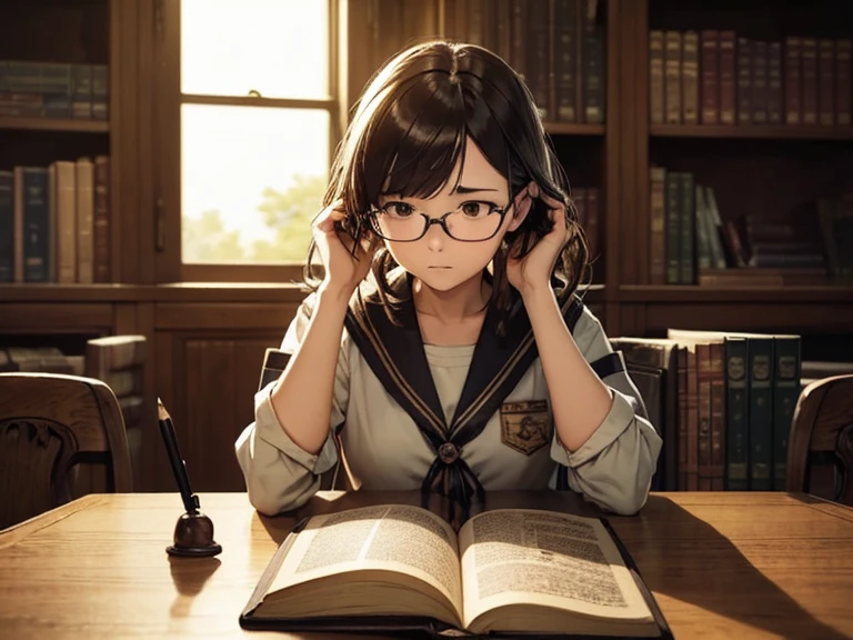 (Best Quality,4K,8K,hight resolution,masutepiece:1.2),wears glasses、Braids、A dark-haired、a sailor suit、Ultra-detailed,(Realistic,Photorealistic,Photorealsitic:1.37),Indoor,Quiet and quiet atmosphere,Golden sunlight shining through the window,Bookcase full of books,wooden desk with vintage lamp,leather binding,Antique gloves,pile of books on the desk,Ceramic cup with pen and pencil,Whispering silence,perfect symmetry of shelves,soft carpeted floor,peaceful ambiance,A page where a gentle breeze blows,turn pages in the air,mind focused on reading,stillness in the air,peaceful and calm energy,Slender fingers turning the pages,Thoughtful expression,curiosity in her eyes,Intense concentration,the stillness of her posture,the sound of a ticking clock,When it's quiet