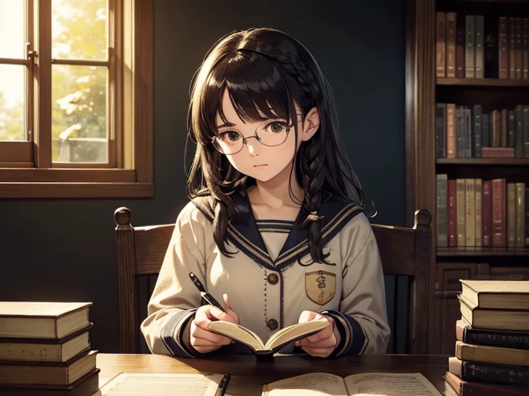 (Best Quality,4K,8K,hight resolution,masutepiece:1.2),wears glasses、Braids、A dark-haired、a sailor suit、Ultra-detailed,(Realistic,Photorealistic,Photorealsitic:1.37),Indoor,Quiet and quiet atmosphere,Golden sunlight shining through the window,Bookcase full of books,wooden desk with vintage lamp,leather binding,Antique gloves,pile of books on the desk,Ceramic cup with pen and pencil,Whispering silence,perfect symmetry of shelves,soft carpeted floor,peaceful ambiance,A page where a gentle breeze blows,turn pages in the air,mind focused on reading,stillness in the air,peaceful and calm energy,Slender fingers turning the pages,Thoughtful expression,curiosity in her eyes,Intense concentration,the stillness of her posture,the sound of a ticking clock,When it's quiet