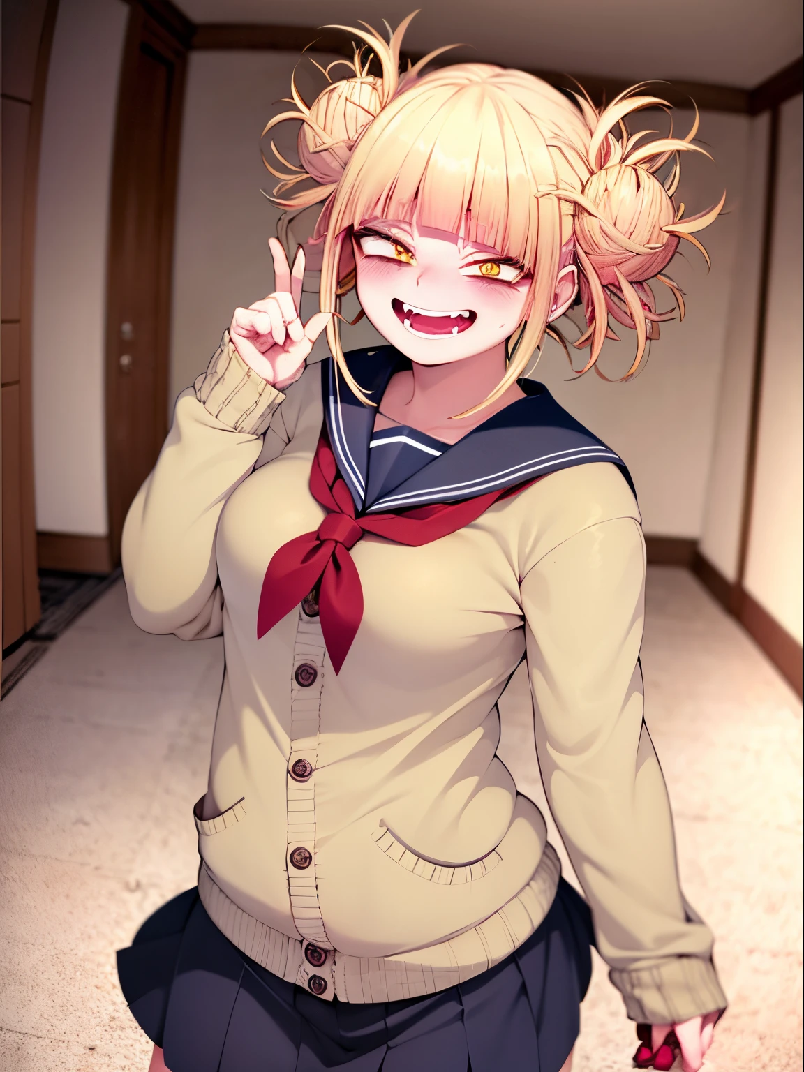 Highest quality,She looks at me teasingly.,(Stupid smile),School,(She is excited:1.3),(She is suggesting that I give her a blowjob),(steam)、High humidity,(Dark room in the evening),(Anatomically correct detailed beautiful hands:1.3)