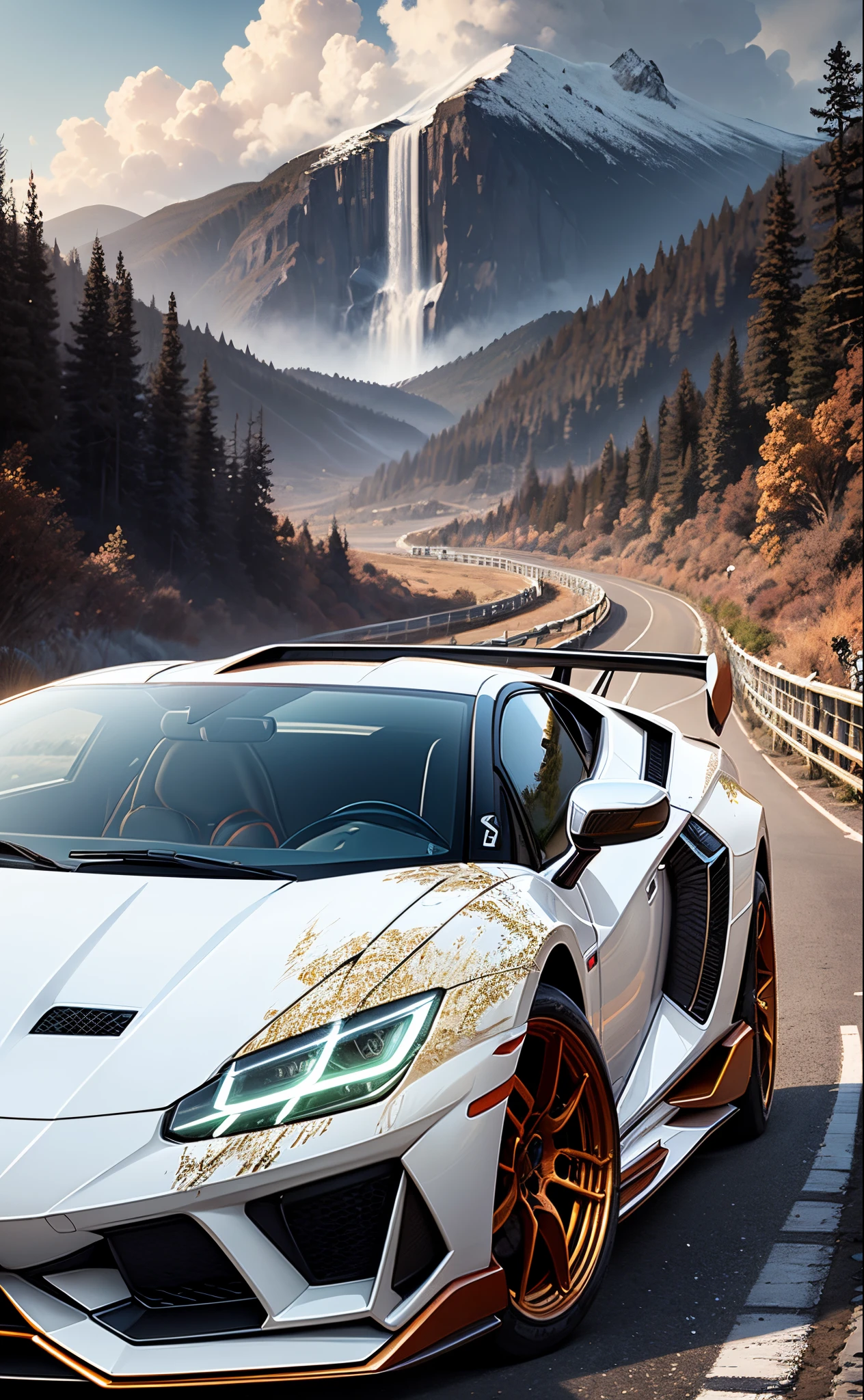 white lambo drifting downhills, waterfall, sunset, hyper realistic --auto --s2