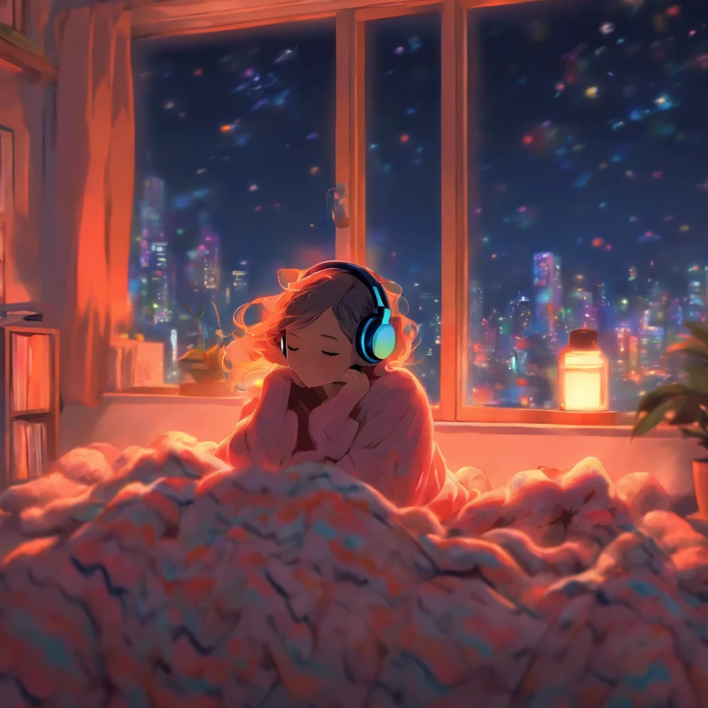 a girl, lying sleeping, wearing a big sweater, wearing headphones, legs covered with a blanket, lofi, calm, calm atmosphere, in her room looking at the window, cool, night, quiet night, masterpiece, best quality