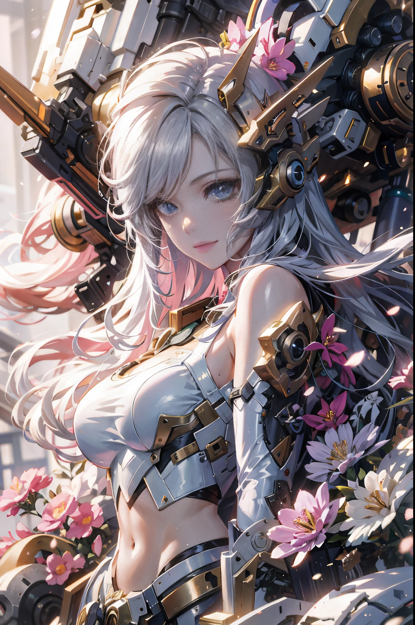 Anime girl with long hair and a gun in her hand,a smile, Detailed Digital Anime Art, anime fantasy artwork, Detailed anime artwork, advanced digital anime art, detailed anime art, mechanized valkyrie girl, best anime 4k konachan wallpaper, 4K highly detailed digital art, guweiz on artstation pixiv, very detailed Artgerm, anime style 4 k