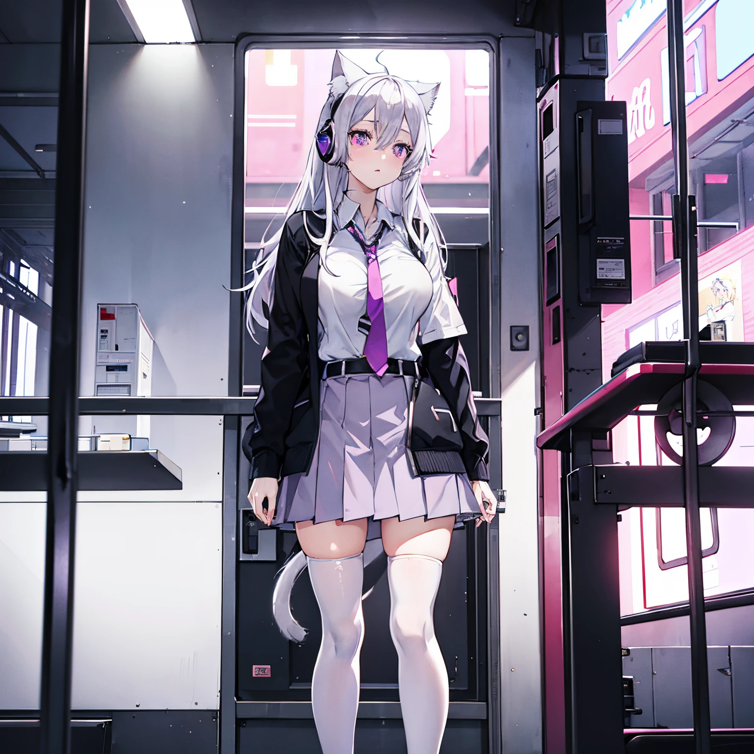 "anime girl, 1 person, silver white hair, light pink purple eyes, wearing cat ear headphones, female shirt, female school uniform, tie, black miniskirt, big breasts, tights, standing cross-legged, side view, (full HD 4K+ image)"