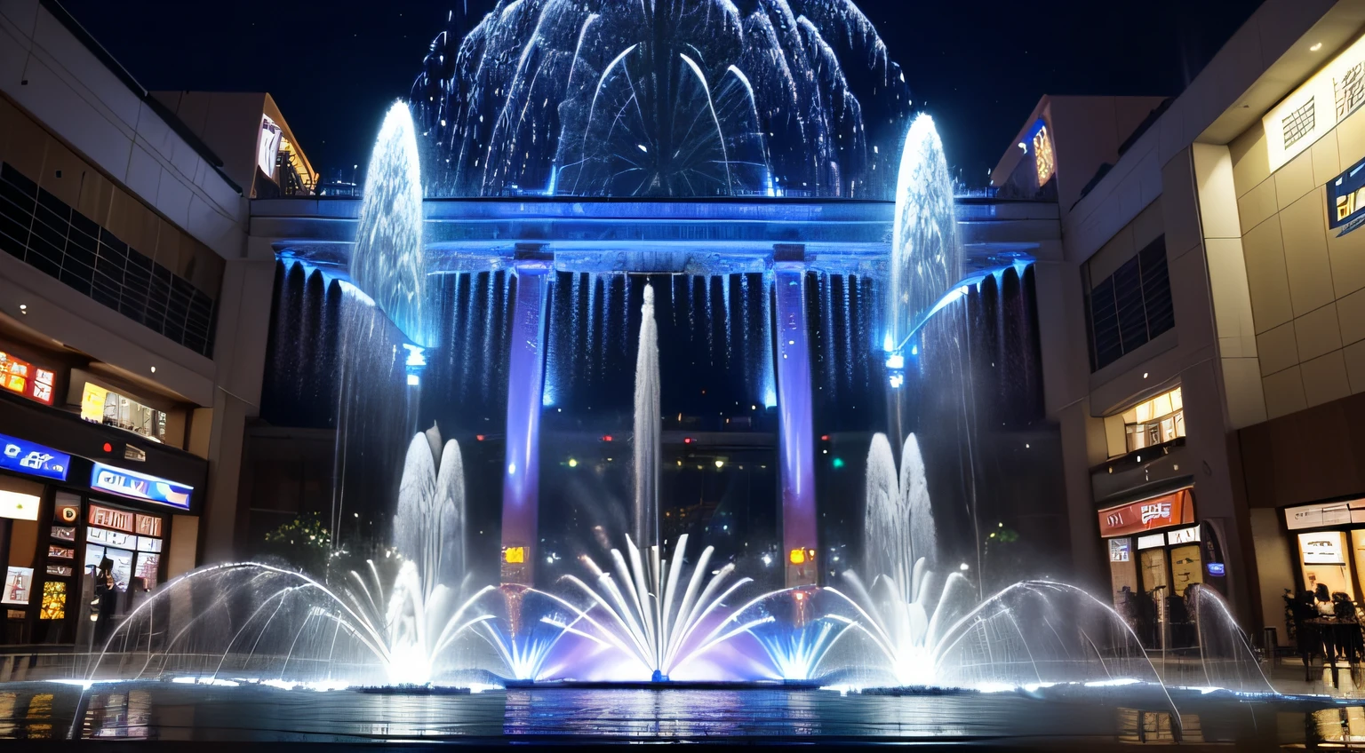 (Large fountain show in Japanese shopping malls: 1.3), Countless water cannons, overhead fountains:1.2, arch fountains, (Spraying water from various angles: 1.3), (Collaboration of projection mapping and fountain show: 1.3), (Very impressive Grand Final: 1.5), Incredible Fountain Volume: 1.3, (Masterpiece), (Best Quality), (Ultra high Detailes)