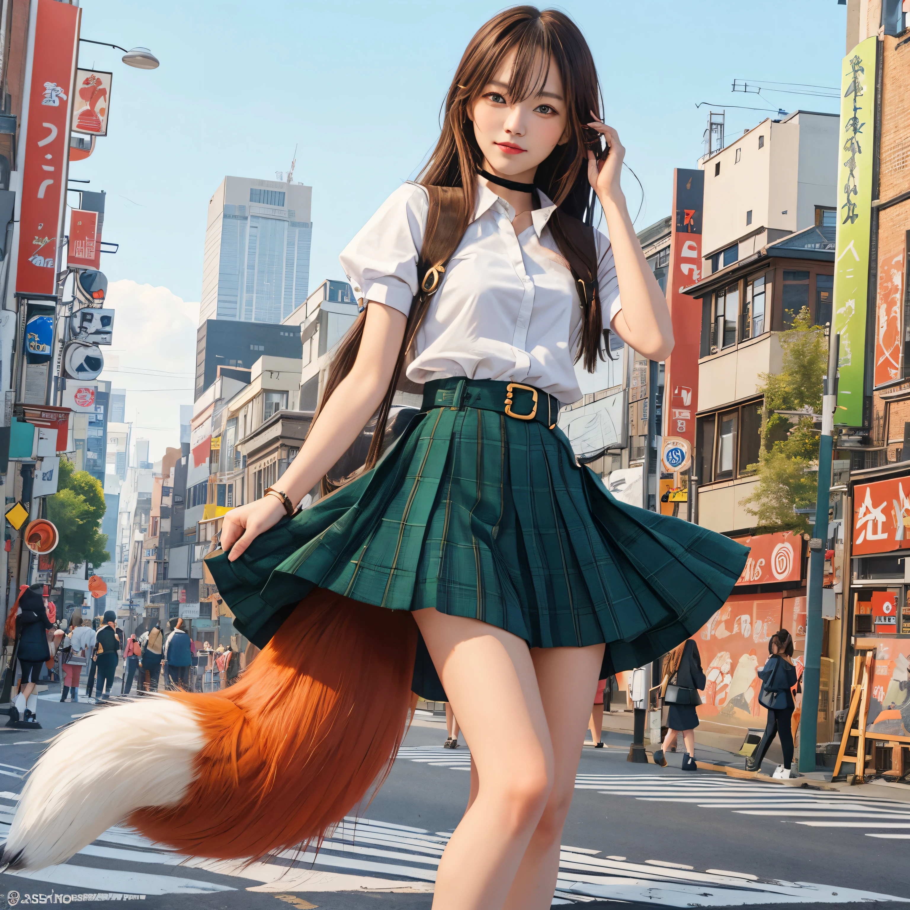 A girl with a red fox tail walking on the road, Fox tail, , foxgirl, fox nobushi, female furry mini cute style, City streets behind her, a hyperrealistic schoolgirl, Furry tail, tail, a picture, top-quality, small tits, Troubled smiling face