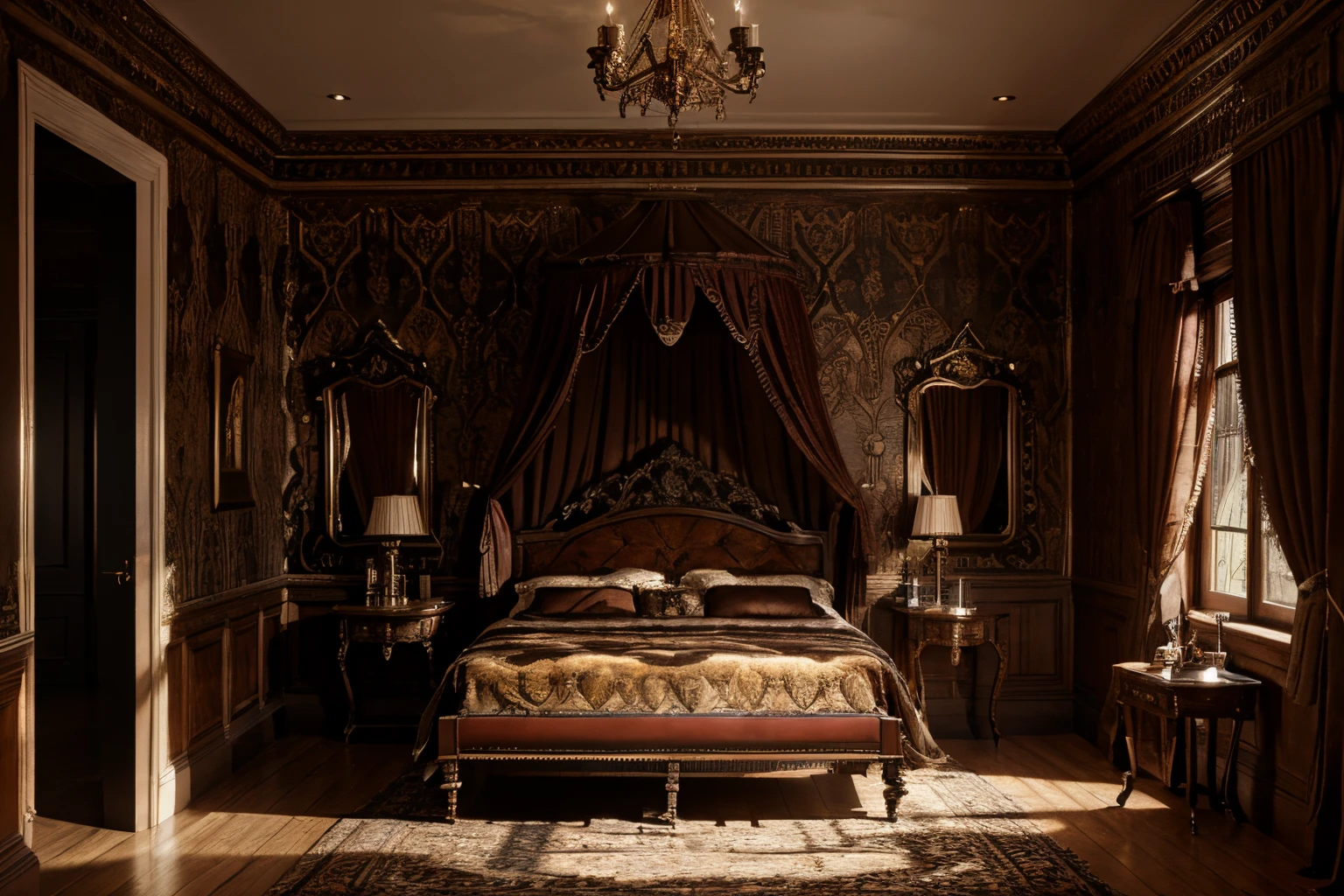 luxurious victorian era gothic bedroom interior detailed walls, rich ornate fabrics, (masterpiece:1.1) (painting:1.1) (weighted lines) (best quality) (detailed) (intricate) (8k) (HDR) (wallpaper) (cinematic lighting) (sharp focus)