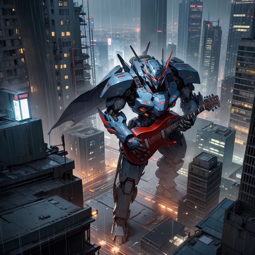 Giant, mecha, in city, nighttime, raining, holding guitar, playing guitar, facing camera, standing on rooftop,