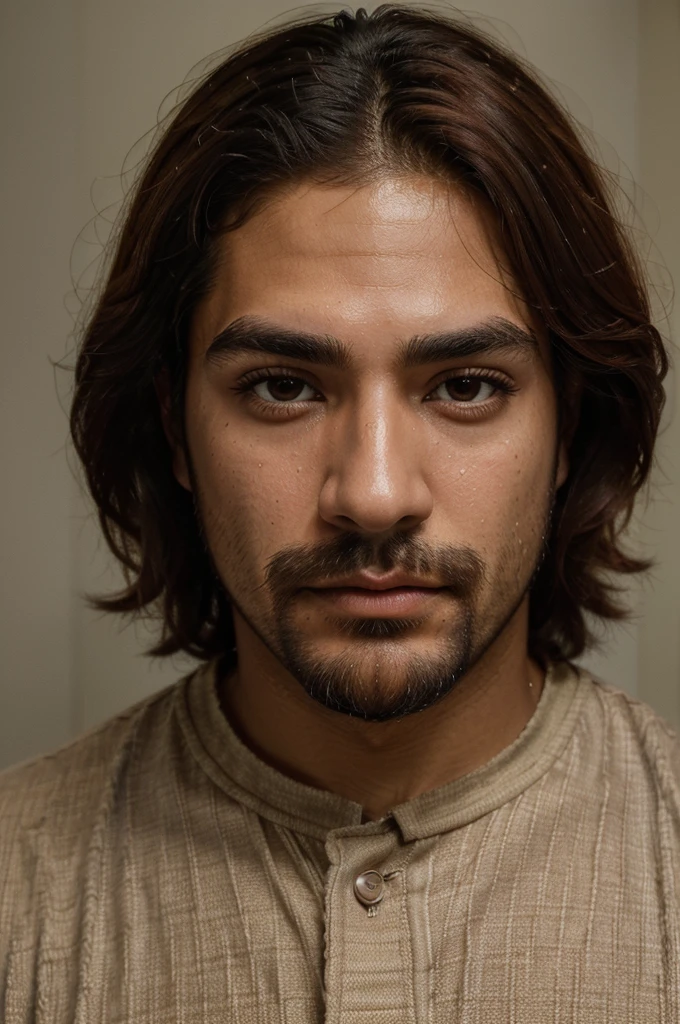 ((best quality, realistic, masterpiece, ethnicity)) mexican man, innocent brown eyes, dark thick long eyelashes, thick straight eyebrows, greek nose, pouty red lips, browned skin, red haired. full facial beard. Fully covered in clothing.