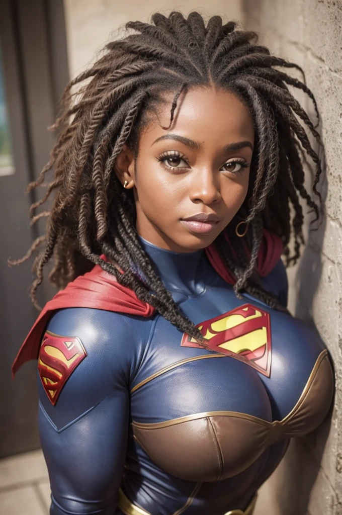 Emily is a black African woman, com pele muito escura, de 35 anos com cabelos escuros, geralmente preso em um coque ou rabo de cavalo. His eyes are dark and expressive, transmitindo sua personalidade sensual e sexy. She has an average height, Sobre 1.80m, com seios grandes, muito grandes e quadris enormes, BBW. Emily is a superhero, Usar roupas da supergirl sexy. Ela costuma usar pouca maquiagem, preferindo um visual natural. best quality, Realistic photo, photo de corpo inteiro.