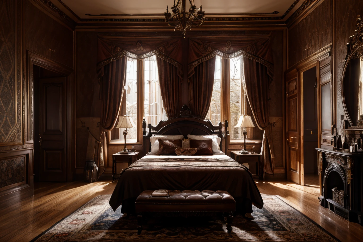 luxurious victorian era gothic bedroom interior detailed walls, rich ornate fabrics, (masterpiece:1.1) (painting:1.1) (weighted lines) (best quality) (detailed) (intricate) (8k) (HDR) (wallpaper) (cinematic lighting) (sharp focus)
