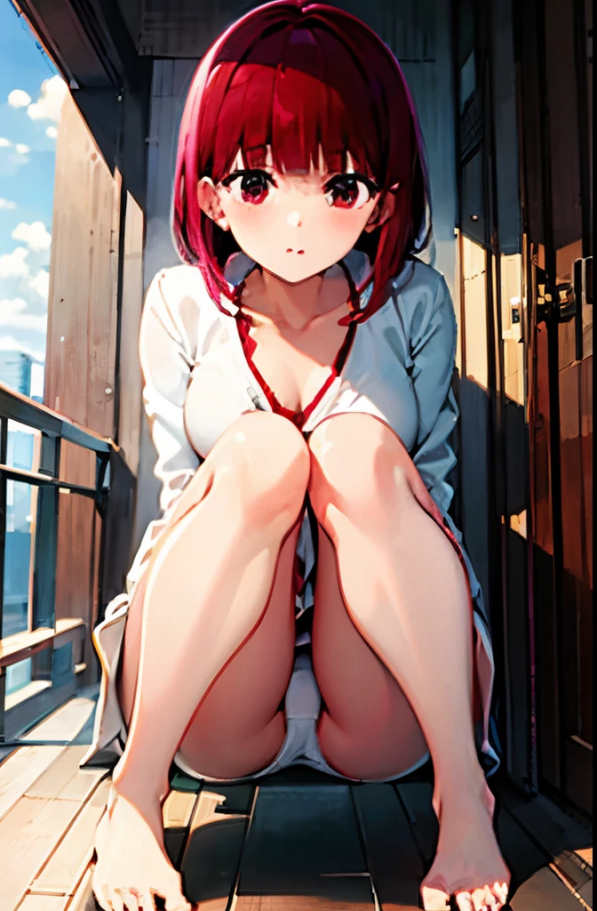 full-body view,front-facing view,Kana Arima,bath robe,Squat and open legs