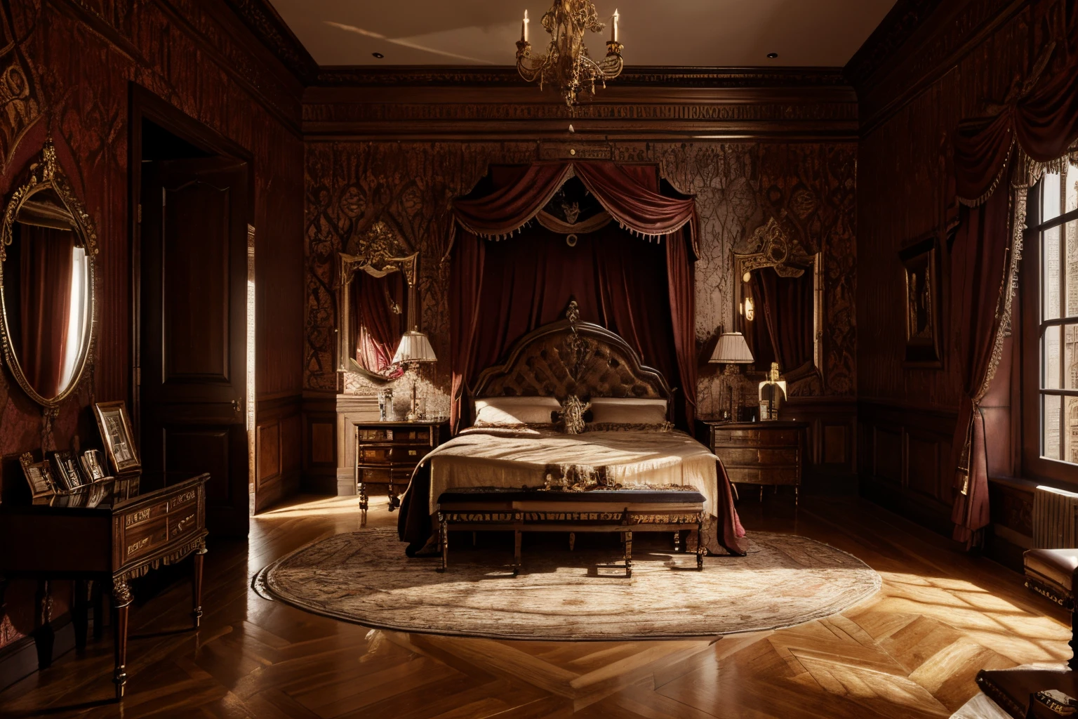 luxurious victorian era gothic bedroom interior detailed walls, rich ornate fabrics, (masterpiece:1.1) (painting:1.1) (weighted lines) (best quality) (detailed) (intricate) (8k) (HDR) (wallpaper) (cinematic lighting) (sharp focus)