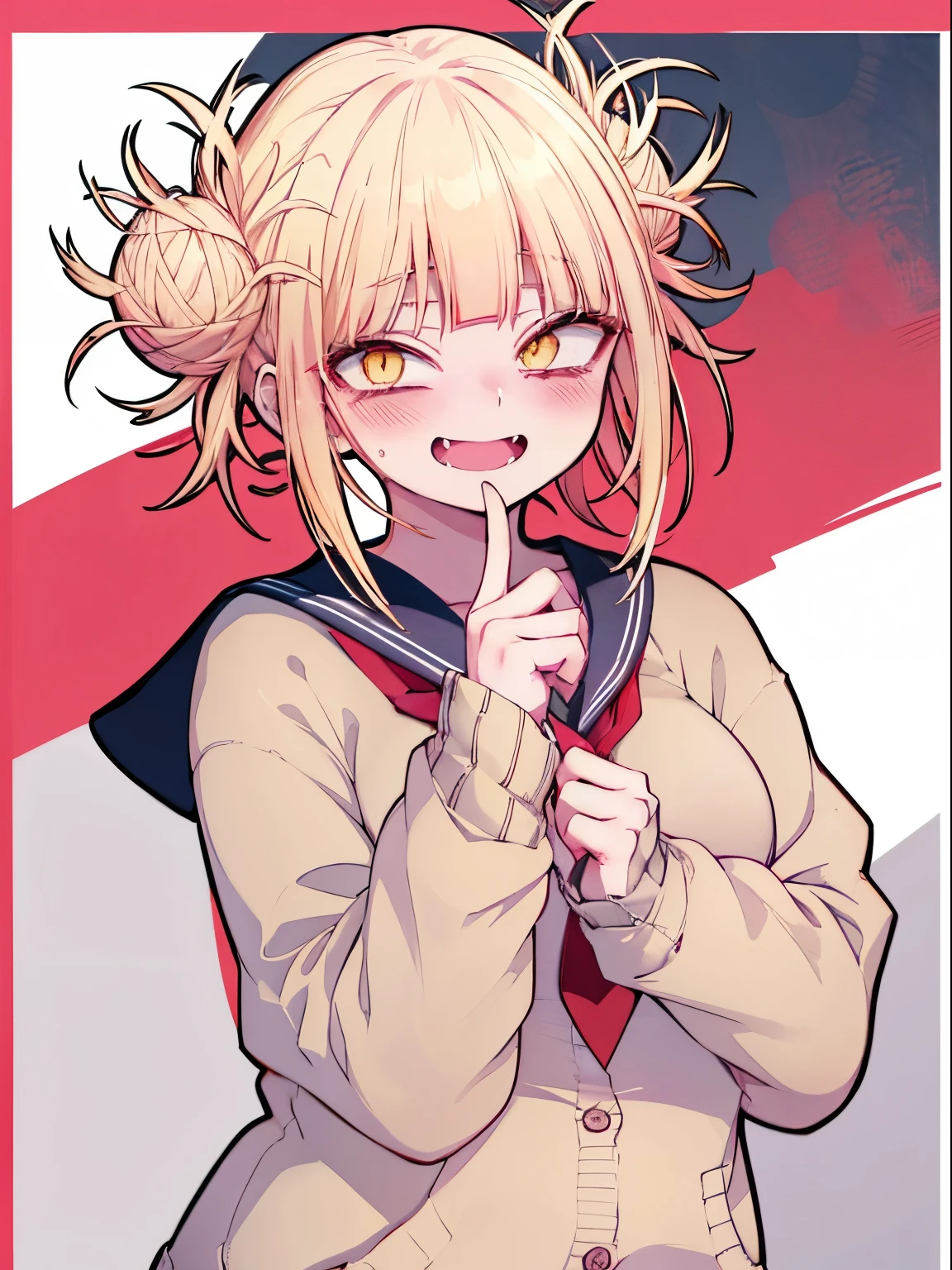 Himiko Toga, 1girl in, Solo, bags under eyes, blush, Open mouth, Box, Looking at Viewer, tusk, Holding, (Cardigan:1.2), Evil smile, grinning evily, (Crazy smile:1.2), Long sleeves, tusk, gift, Upper body, blue sailor collar, holding gift, free pose,