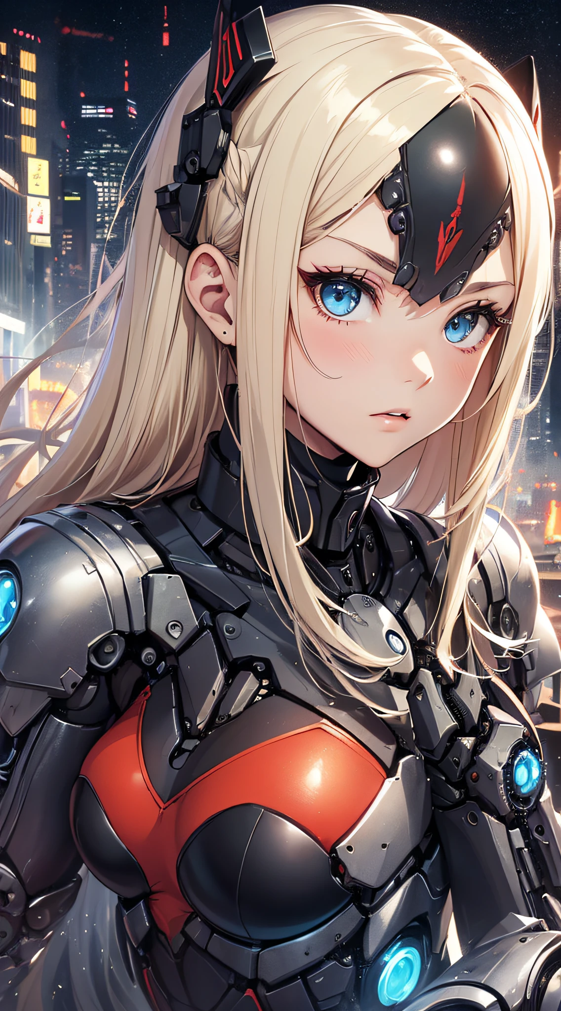 top-quality、Top image quality、masterpiece、girl with((Red Leotard、Black Mechanical Armor、、teen ager、cute lit Bust、big bast,Beautiful light blue eyes、Breasts wide open, a blond、A slender,Large valleys、belligerent movements,Warlike face、fighting poses、Beam out of your hands)),hiquality、Beautiful Art、Background with((Mechanical City、TOKYOcty)))、Depth((Black Giant Robot)),masutepiece、depth of fields,Cinematic style