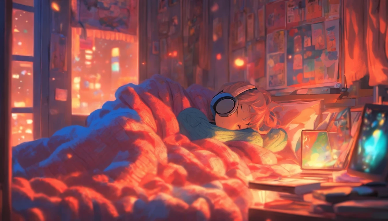 a girl, lying sleeping, wearing a big sweater, wearing headphones, legs covered with a blanket, lofi, calm, calm atmosphere, in her room looking at the window, cool, night, quiet night, masterpiece, best quality