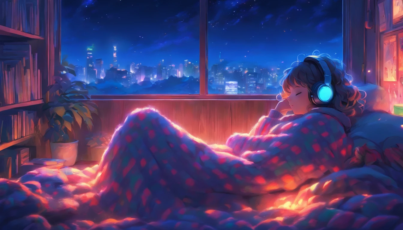 a girl, lying sleeping, wearing a big sweater, wearing headphones, legs covered with a blanket, lofi, calm, calm atmosphere, in her room looking at the window, cool, night, quiet night, masterpiece, best quality