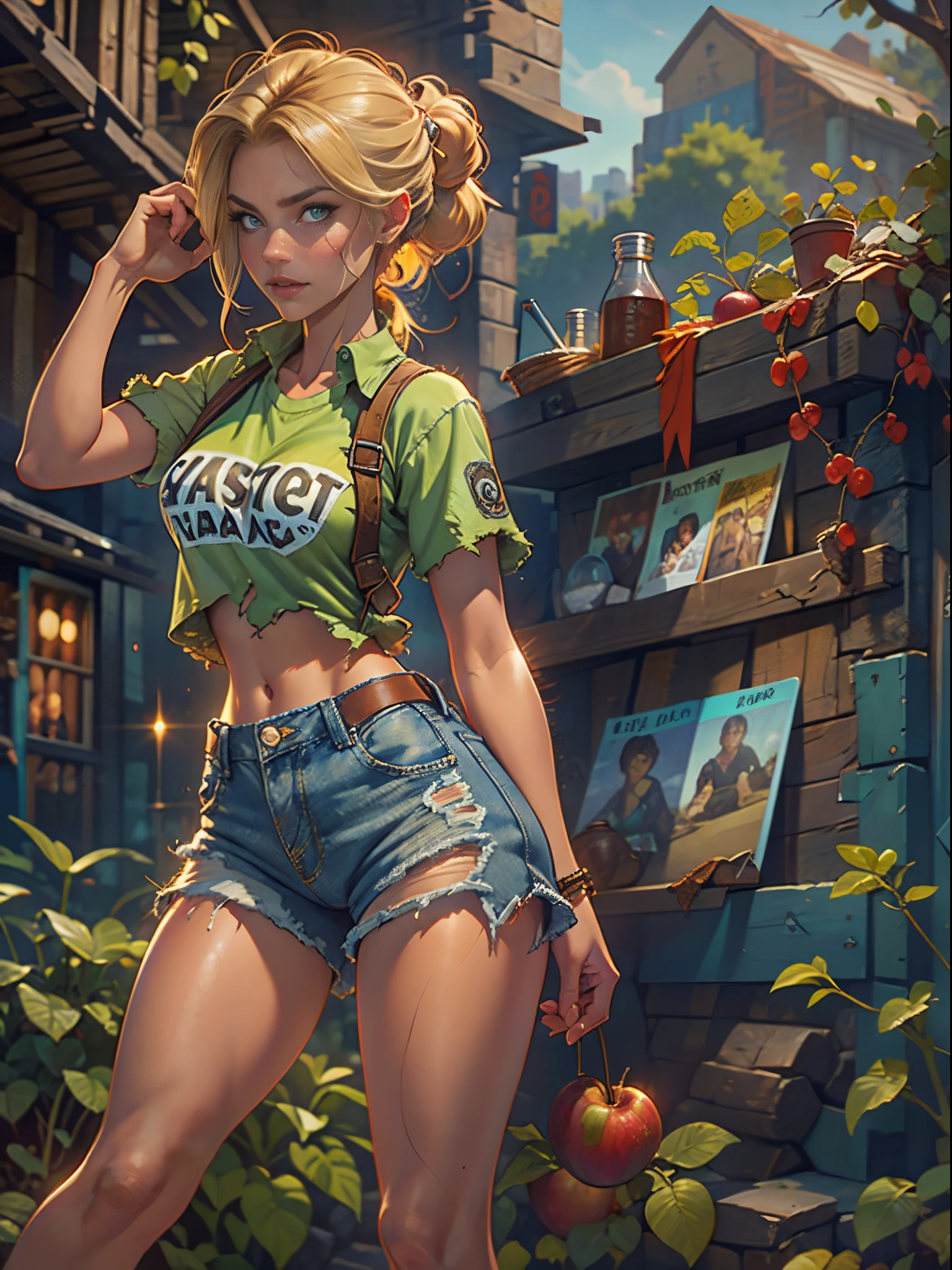 2076 year. The Urban Ruins of the Wasteland, Female huntress picking fruit in the garden, beautiful face, blonde, very torn shirt and denim shorts, shirt in tatters ,  long legs, sweating through, sun rising, Nice warm colors, head to toe full body shot