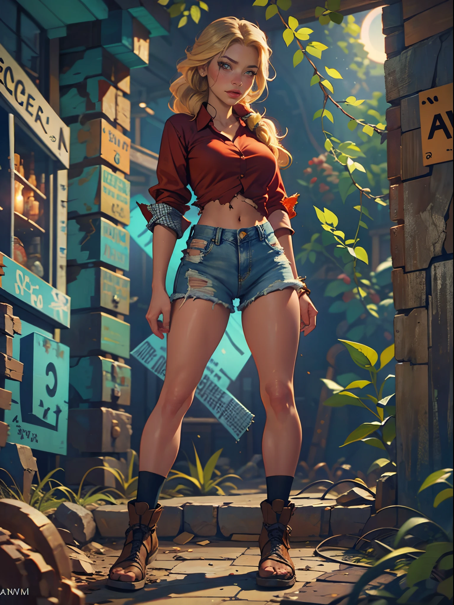 2076 year. The Urban Ruins of the Wasteland, Female huntress picking fruit in the garden, beautiful face, blonde, very torn shirt and denim shorts, shirt in tatters , long legs, sweating through, sun rising, Nice warm colors, head to toe full body shot