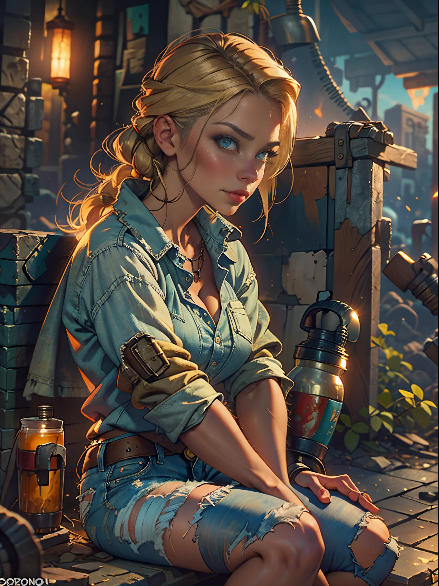 2076 year. The Urban Ruins of the Wasteland, Female huntress picking fruit in the garden, beautiful face, blonde, very torn shirt and denim shorts, shirt in tatters ,  long legs, sweating through, sun rising, Nice warm colors, head to toe full body shot