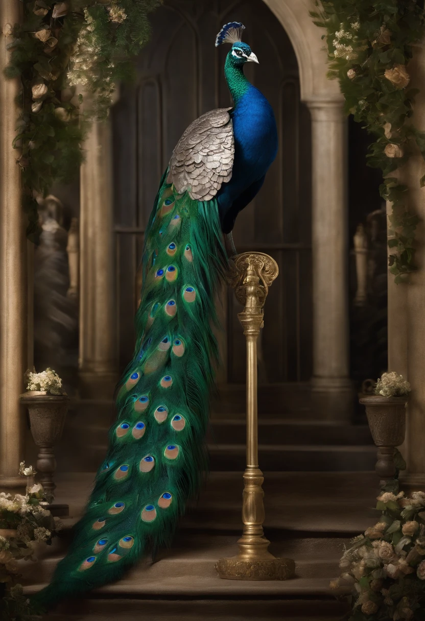 A meticulously groomed peacock with vibrant, iridescent plumage strutting gracefully through the manicured gardens of the Malfoy Manor.,Harry Potter and the Chamber of Secrets,Lucius is tall with long straight blonde hair, icy blue eyes, wears black suits and robes, carries a walking stick with a silver snake head at the top. Famously portrayed by Jason Isaacs