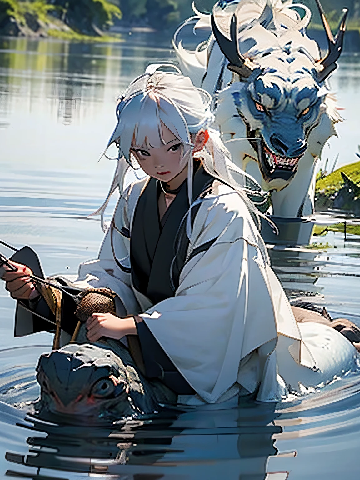 ember,Age 20 years,exquisite facial features,long white hair,black toga,Fishing in the lake