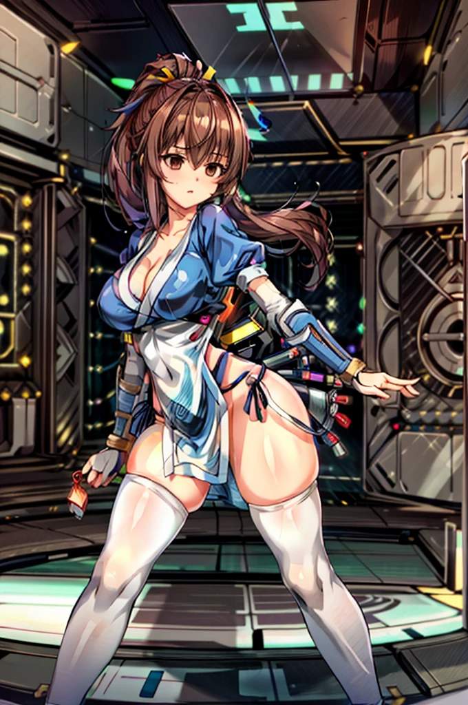 (masterpiece, best quality:1.3)
KasumiDOA, 1girl, solo, long hair, breasts, looking at viewer, bangs, large breasts, brown hair, thighhighs, dress, ribbon, cleavage, brown eyes, medium breasts, underwear, standing, panties, hair ribbon, braid, short sleeves, cowboy shot, japanese clothes, puffy sleeves, white thighhighs, puffy short sleeves, lips, sash, pelvic curtain, yellow ribbon, realistic, nose, arm guards, kote,hypnoLora,
empty eyes,Upright Pose,(Inside a futuristic and complex operational command center:1.6)