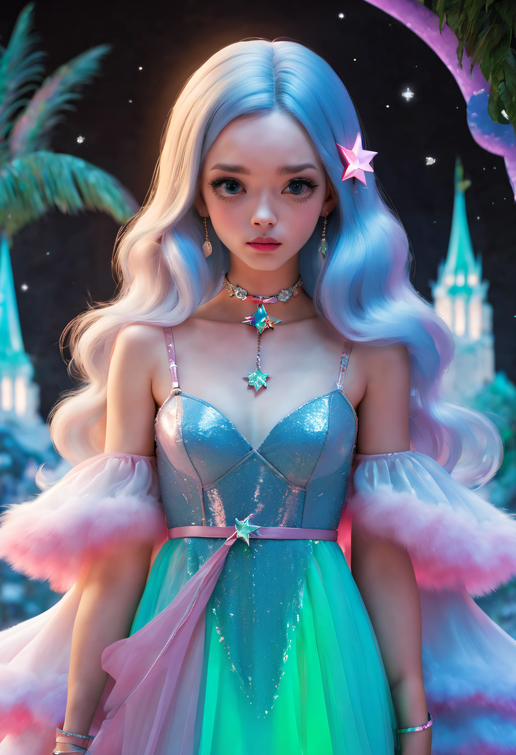 (Fluorescent color:1.4),(semi transparent:1.4),(retro filters:1.4), (fanciful:1.4), Candyland Disneyland Ethereal Soft Fluffy Soft Landscape Forest Snow Avatar Soft Pink Sky Green Blue Glitter Ethereal Light Soft Whimsical Light Rainbow Stars Diamond Sparkling Gem Background Surreal Ultra Quality Cinematic Lighting Huge Detail Full HD Painting Sufficient lighting,slanted bangs, , Dress with collar,side, tmasterpiece, Best quality at best,dermis,(sportrait:1.5), 1个Giant Breast Girl, bluntbangs, long whitr hair