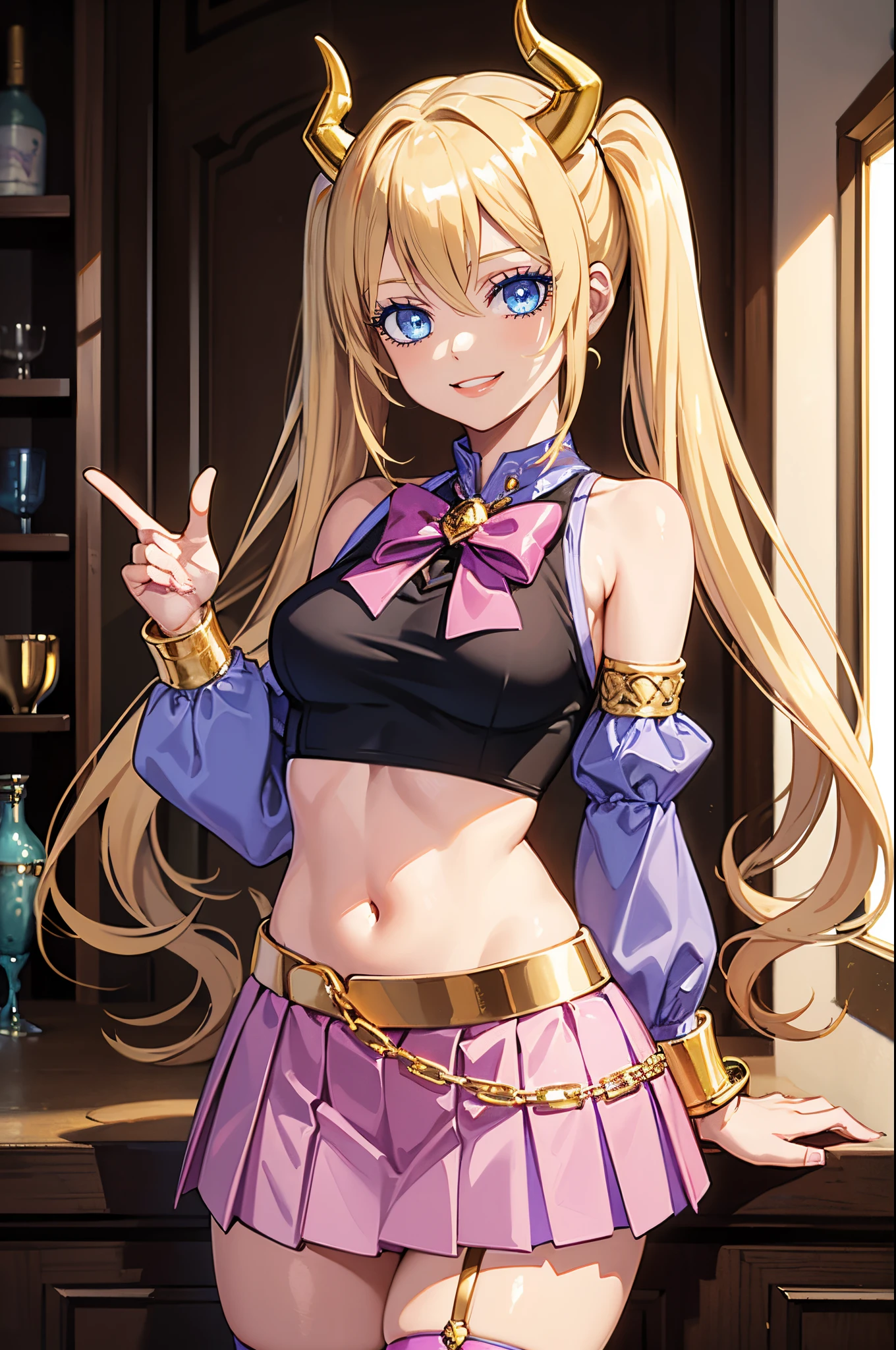 Safe for work, masterpiece, best quality, solo, 1 girl, cute girl, wholesome girl, (young female body:1.4), ( medium breasts), cowboy shot, cocky smile, light blue eyes, golden hair, extra long blonde hair, hime cut, pink highlights, pigtails, rich girl vibes, indoors mansion, gold demon horns, pink lipstick, knife pleated skirt, hot pink skirt, purple crop top, sleeveless top, pink detached sleeves, stockings, lots of details, gold jewelry, gyaru style, dark purple crop top, golden bowtie, multiple bracelets , gold details, Fairy Tail anime style