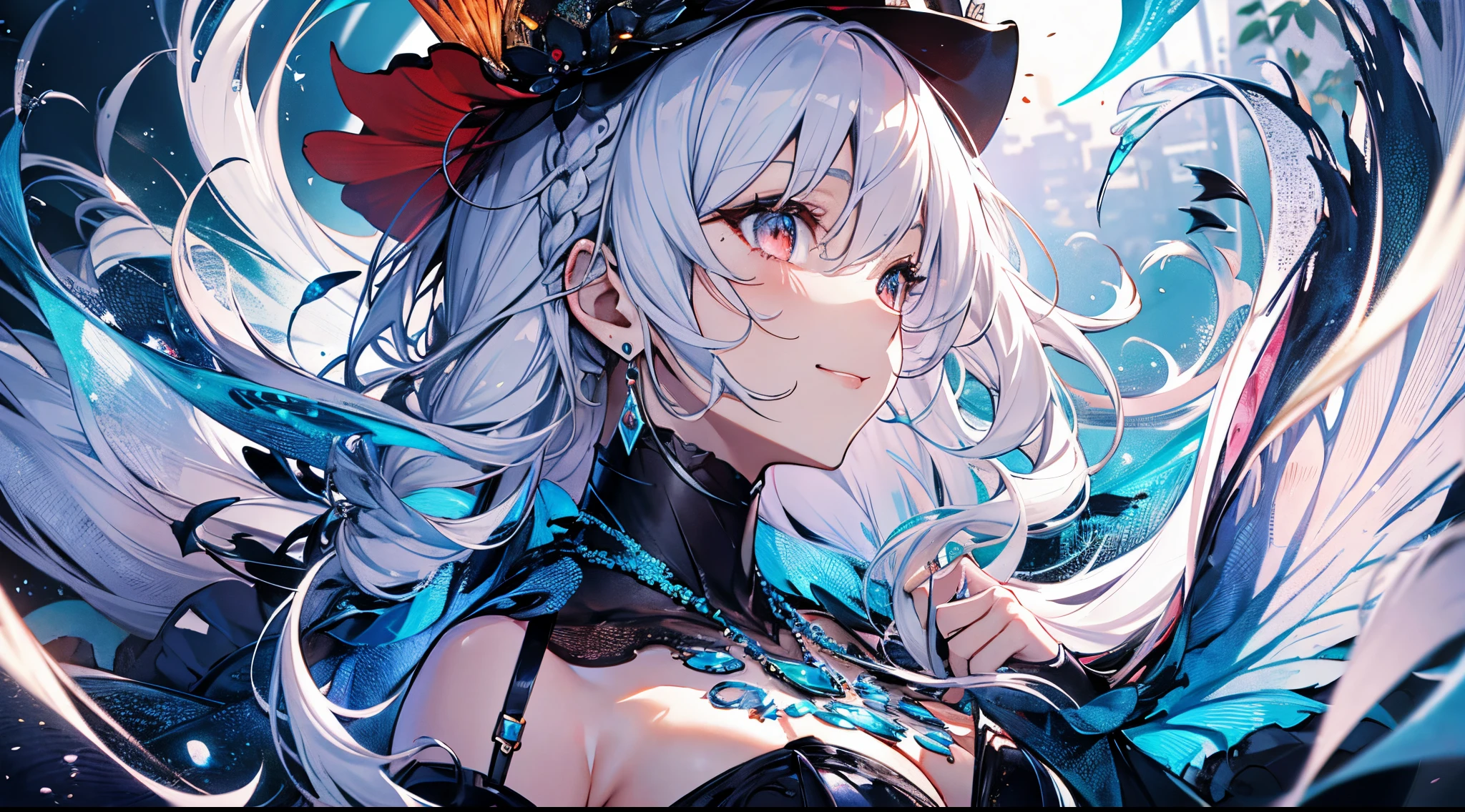 （dawn light：1.2），（Thick black and white：1.16），（depth of fields：1.4），Complicated details，color mixing，Detailed route，Excellent,super detailing,The content is very detailed,(hight contrast:1.11),ventania,Amazing cleavage,beautidful eyes,messy  hair,(best illuminate，Extremely Delicately Beautiful), ((movie light lighting)), (seen from the side:1.3)，8K,tmasterpiece，Best quality at best，cinematic Film still from，1 plump girl，（Close-up cleavage：1.1），bright，Interesting，gentlesoftlighting，（bauhause，shape，line engineering，Abstract：1.1）offcial art， Unity 8k壁纸， ultra - detailed， Beautiful and beautiful， tmasterpiece， Best quality at best， （dynamic angle：1.4），PerfectNwsjMajic，（tmasterpiece，top-quality，Best quality at best，offcial art，Beauty and aesthetics：1.2），The content is very detailed，rich colourful，Finest，（（tmasterpiece：1.4，Best quality at best）），（hyper-detailing），（Ultra-detailed eyes），（winged ears：1.5）， （cute female child），（dark red eye：1.15），Long gray hair，long braid，Bushy hair（wariza：1.2），pale-skinned，ssmile，a seductive smile （She wears conservative blue, red and black dress，red pattern，Lots of fluff：1.5），（Black gloves：1.4）The sleeves are long， Black earrings，merfolk，The corals，Menghua，gem jewelry，Ocean of fish and trees，Red witch hat，Conch headdress，harp，sing，fish flocks，Fishbone decoration （Fishtail：1.1）
