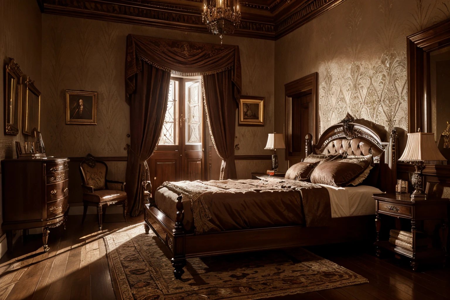 luxurious victorian era gothic bedroom interior detailed walls, rich ornate fabrics, (masterpiece:1.1) (painting:1.1) (weighted lines) (best quality) (detailed) (intricate) (8k) (HDR) (wallpaper) (cinematic lighting) (sharp focus)