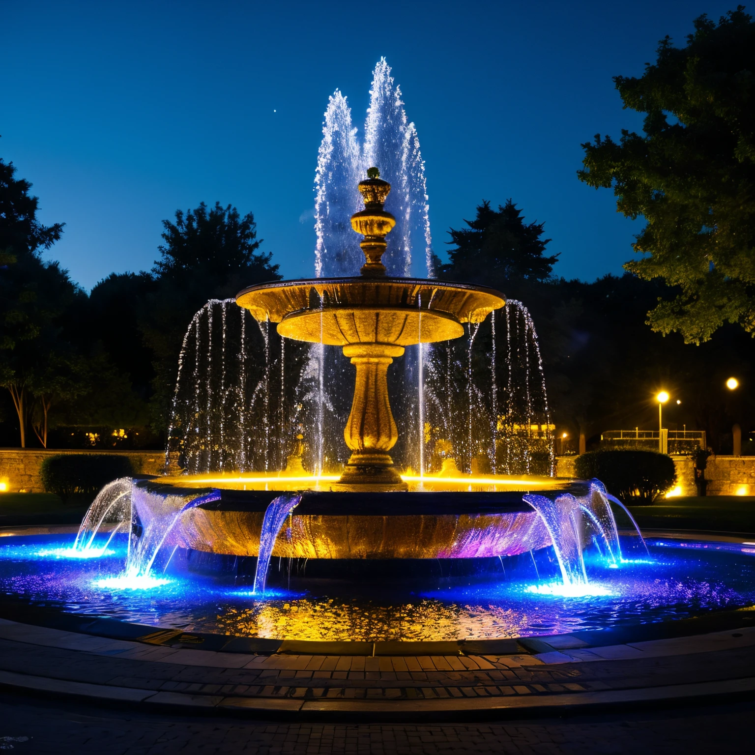 Illuminated fountain at night