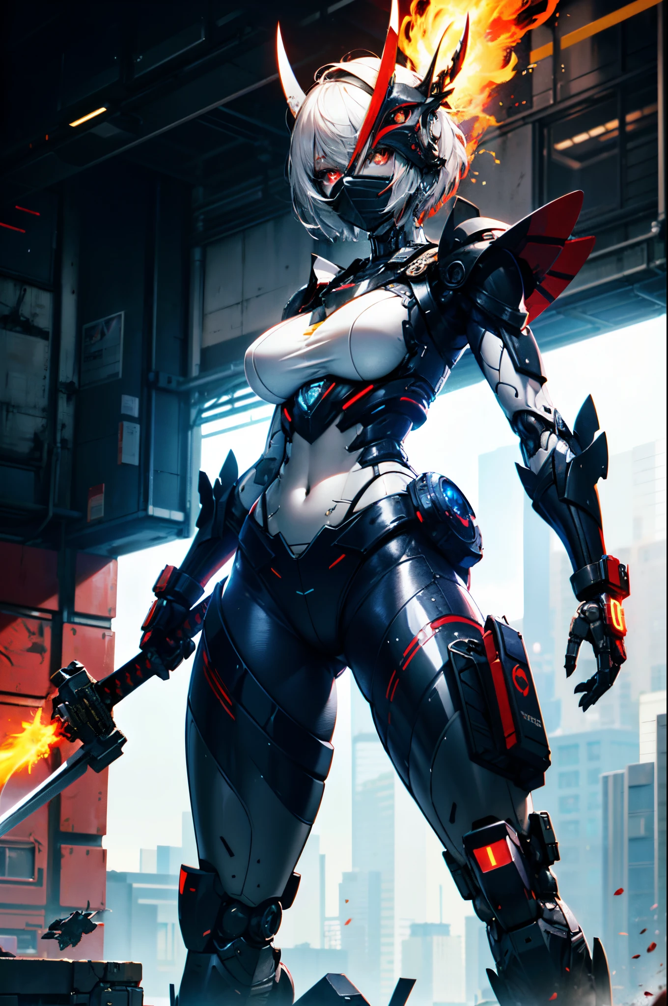 Extraordinary beautiful girl, fuselage, mechanical naked robot, mecha girl, White hair, Short hair details, (red eyes:1.3), Inorganic skin, science fantasy,intermittently, (katana swords), (Perfect Finger, 4fingers and 1thumbs), (There are thick armors on the limbs:1.5), (Lop, navel, absolutely_good memory), intermittently, Red Flame_shooting, Side focus, open stance, (Cybertech punk mask:1.2), There are huge thrusters on the waist, Side breasts, full bloom, ultra detailed concept art, The content is very detailed, hawken, sci-fi battlefield, tmasterpiece, Best quality at best, Capture super cute moments, depth of fields, ultra - detailed, 超高分辨率, c4d, octadale, 3D modeling, 8K, 16k,