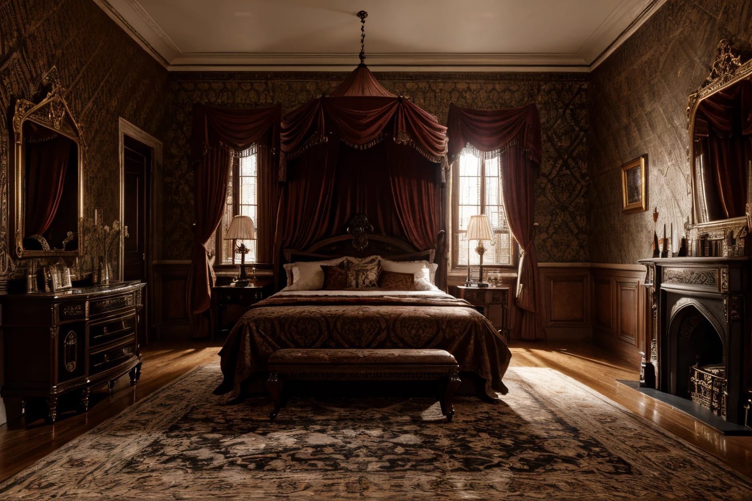 luxurious victorian era gothic bedroom interior detailed walls, rich ornate fabrics, (masterpiece:1.1) (painting:1.1) (weighted lines) (best quality) (detailed) (intricate) (8k) (HDR) (wallpaper) (cinematic lighting) (sharp focus)