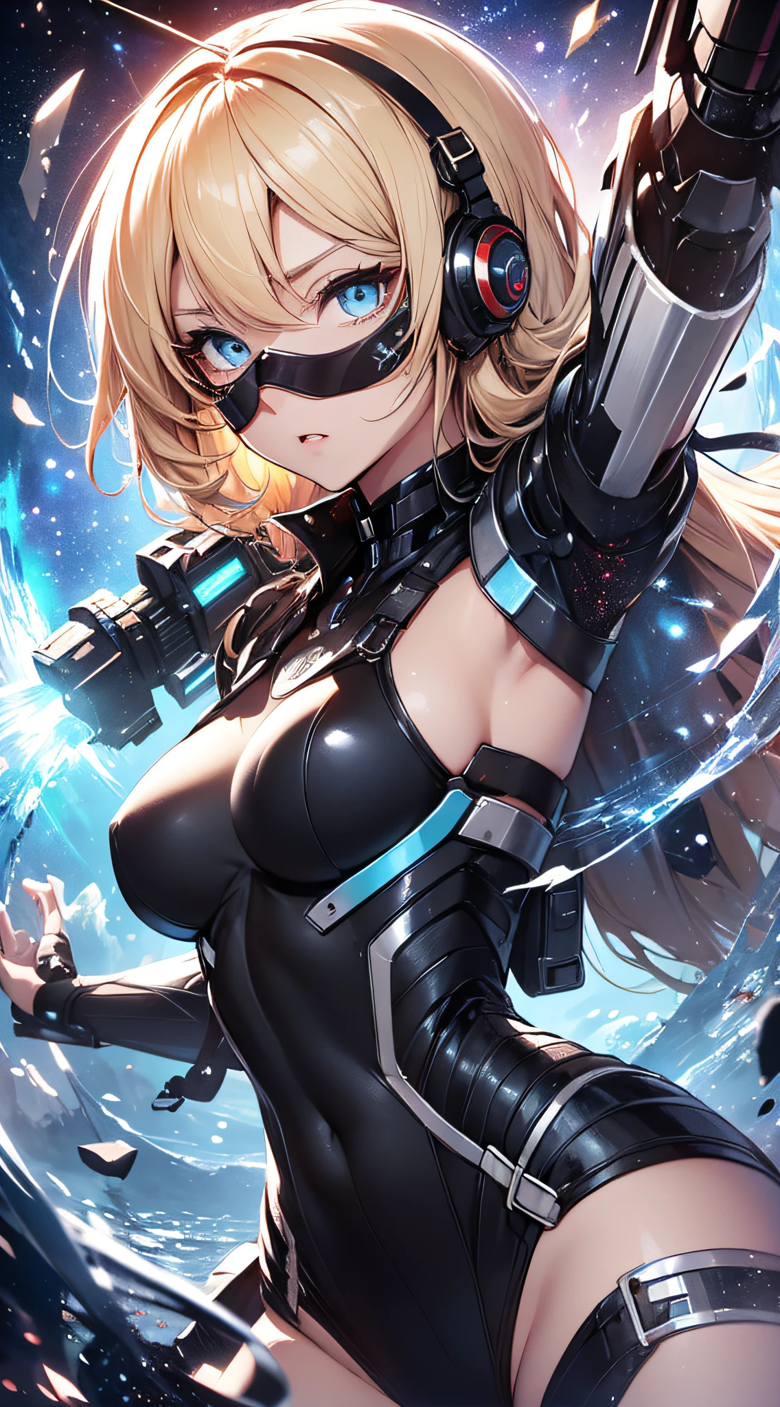 top-quality、Top image quality、masterpiece、girl with((Red Leotard、Black Mechanical Armor、sixteen years old、 ager、cute little、Best Bust、big bast,Beautiful light blue eyes、Breasts wide open, a blond、A slender,Large valleys、belligerent movements,Warlike face、fighting poses、Beam cannon)),hiquality、Beautiful Art、Background with((universes)))、Depth((black hole)),masutepiece、depth of fields,Cinematic style