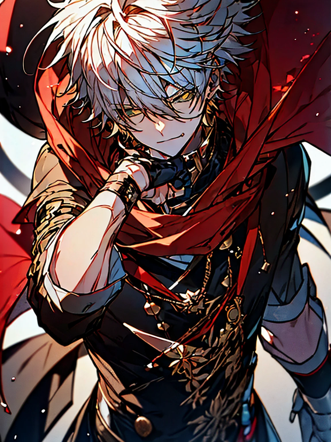 (best quality,4k,8k,highres,masterpiece:1.2),ultra-detailed, adult guy,anime character with white hair with red tips,badass anime 8k,shadowverse style,anime wallpaper 4k,handsome guy,yellow eyes,black overcoat,standing,short hair