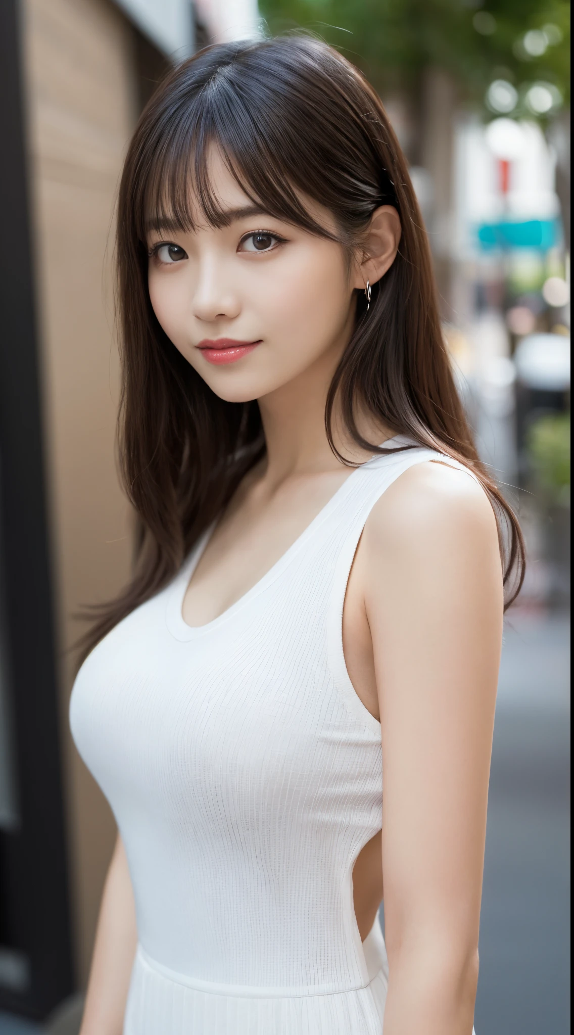 ulzzang -6500-v1.1, (Raw photo:1.2), (Photorealsitic),(Real: 1.4), masutepiece, Best Quality, Illustration, Ultra-detailed, finely detail, hight resolution, 8K Wallpaper, Perfect dynamic composition, Beautiful detailed eyes, Women's Fashion Summer,Medium Hair,Small breasts natural color lip, Bold sexy poses,Smile,Harajuku、20 years girl、Cute、Sexy shot looking at camera