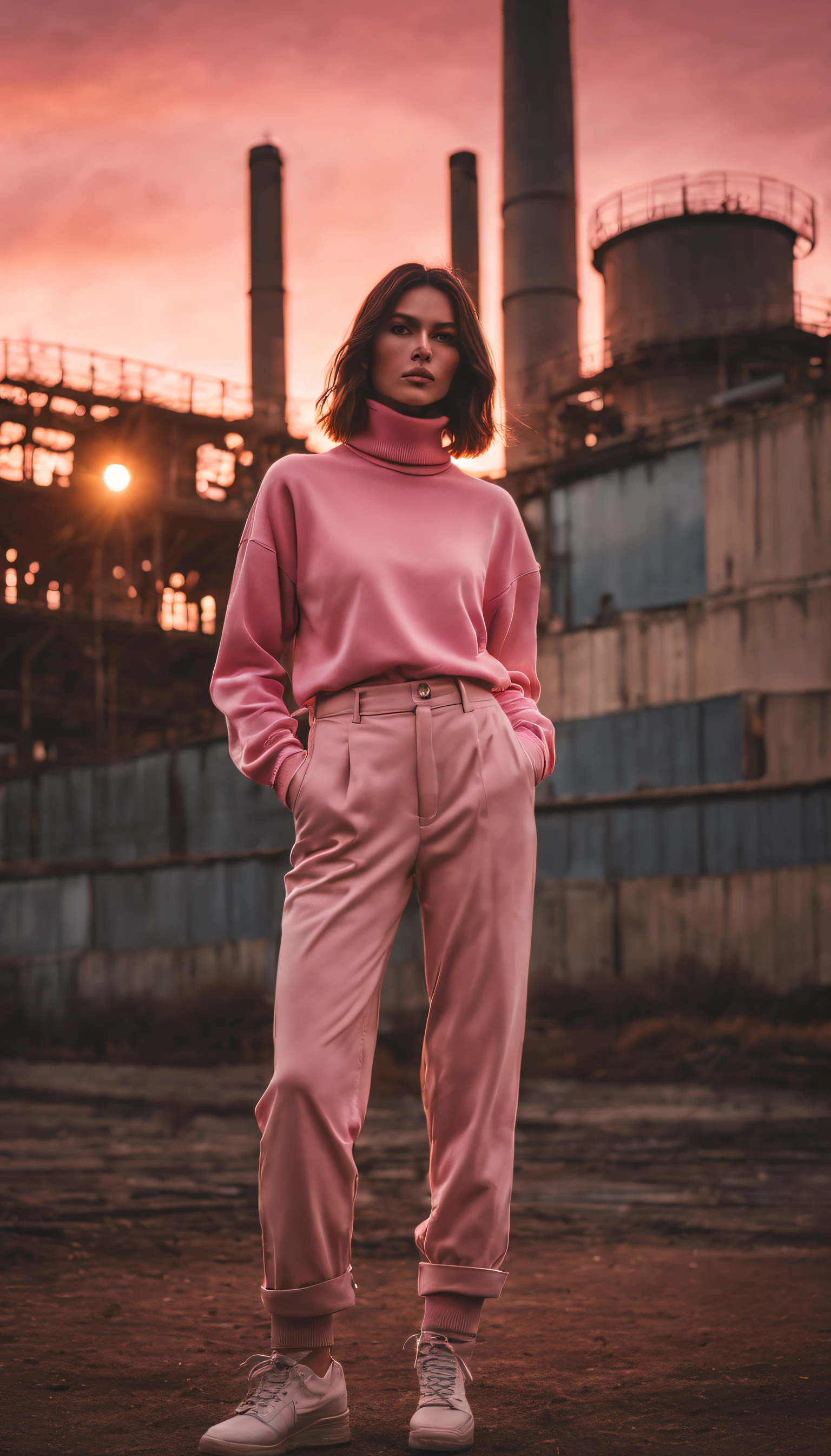 Enigmatic Atmosphere, Atmospheric, Ethereal quality,actual,Beautiful and beautiful,, Alone,groin,pink turtleneck, Brown pants,(NSFW:0.85),, democracy,, power plant,, (Glowing atmosphere, enchanting glow, luminouslighting, Ethereal atmosphere, enchanting glow, evocative hues, captivating coloration, dramatic lights, Enchanting aura),