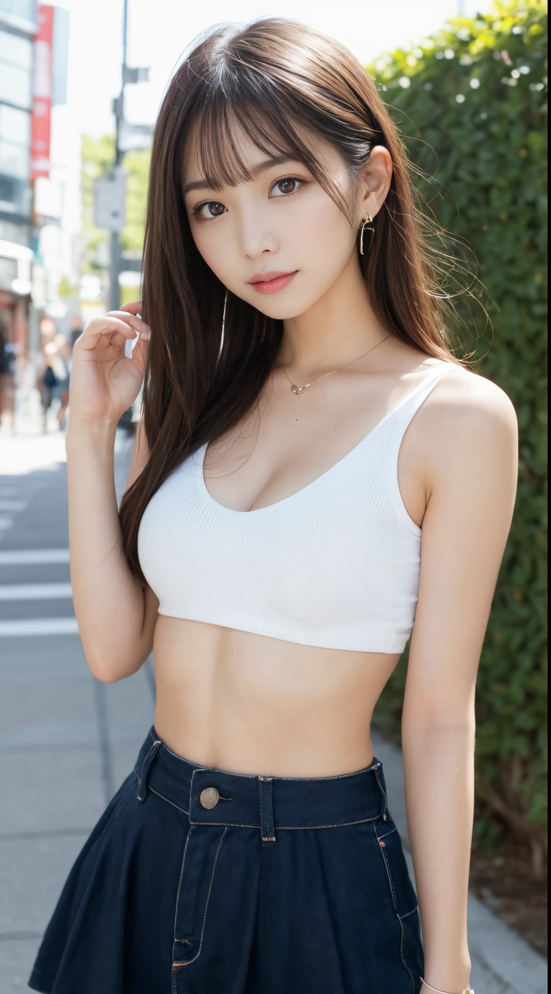 ulzzang -6500-v1.1, (Raw photo:1.2), (Photorealsitic),(Real: 1.4), masutepiece, Best Quality, Illustration, Ultra-detailed, finely detail, hight resolution, 8K Wallpaper, Perfect dynamic composition, Beautiful detailed eyes, Women's Fashion Summer,Medium Hair,Small breasts natural color lip, Bold sexy poses,Smile,Harajuku、20 years girl、Cute、Sexy shot looking at camera