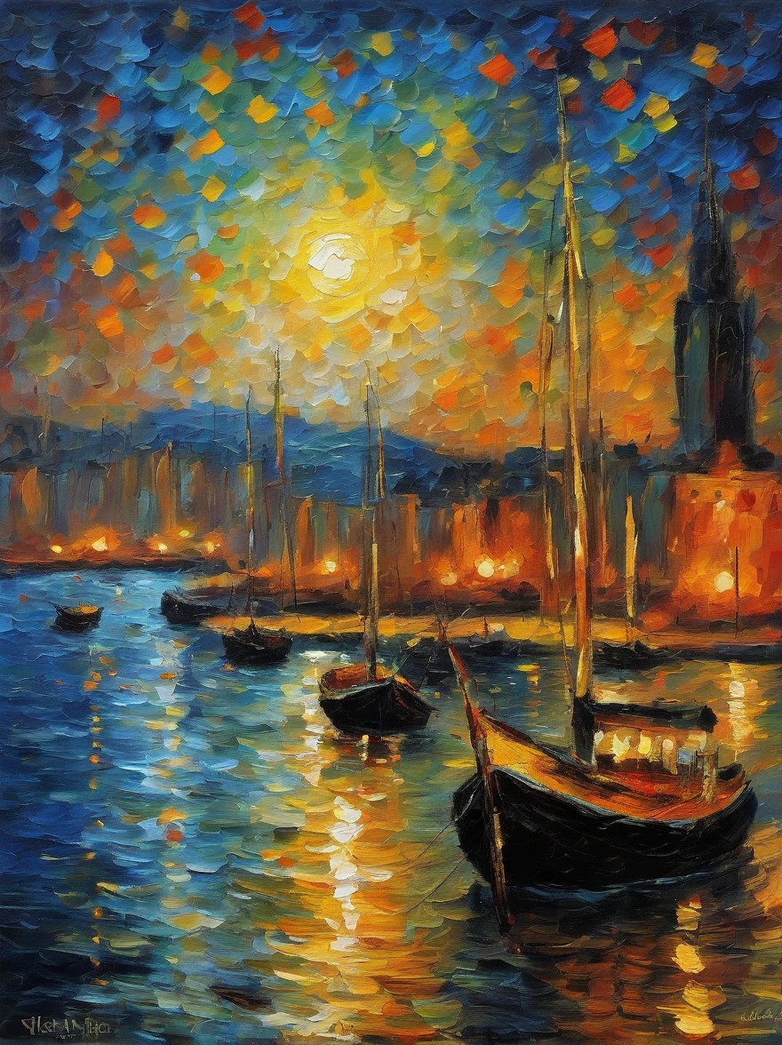 Van Gogh's painting style, Hong Kong Victoria Harbor night view, Brilliant fireworks, Color Field painting, Monet, Impressionism, chiaroscuro, vanishing point, wide shot, Ultra-Wide Angle, 8k, super detail, ccurate, best quality, masterpiece, best quality