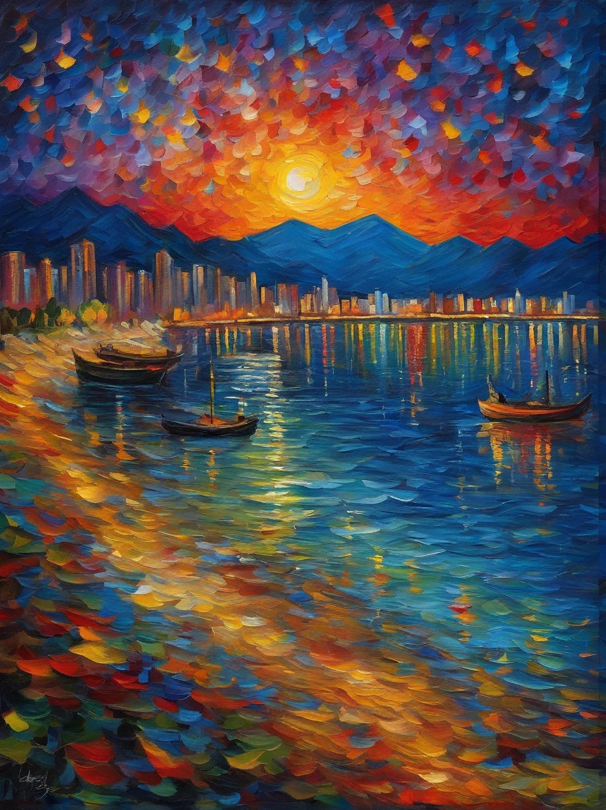 Van Gogh's painting style, Hong Kong Victoria Harbor night view, Brilliant fireworks, Color Field painting, Monet, Impressionism, chiaroscuro, vanishing point, wide shot, Ultra-Wide Angle, 8k, super detail, ccurate, best quality, masterpiece, best quality
