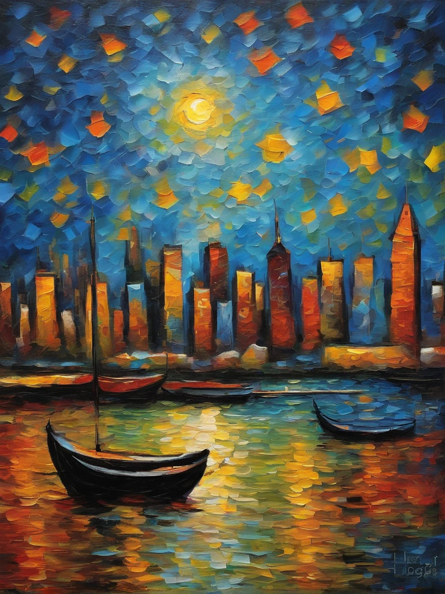 Van Gogh's painting style, Hong Kong Victoria Harbor night view, Brilliant fireworks, Color Field painting, Monet, Impressionism, chiaroscuro, vanishing point, wide shot, Ultra-Wide Angle, 8k, super detail, ccurate, best quality, masterpiece, best quality