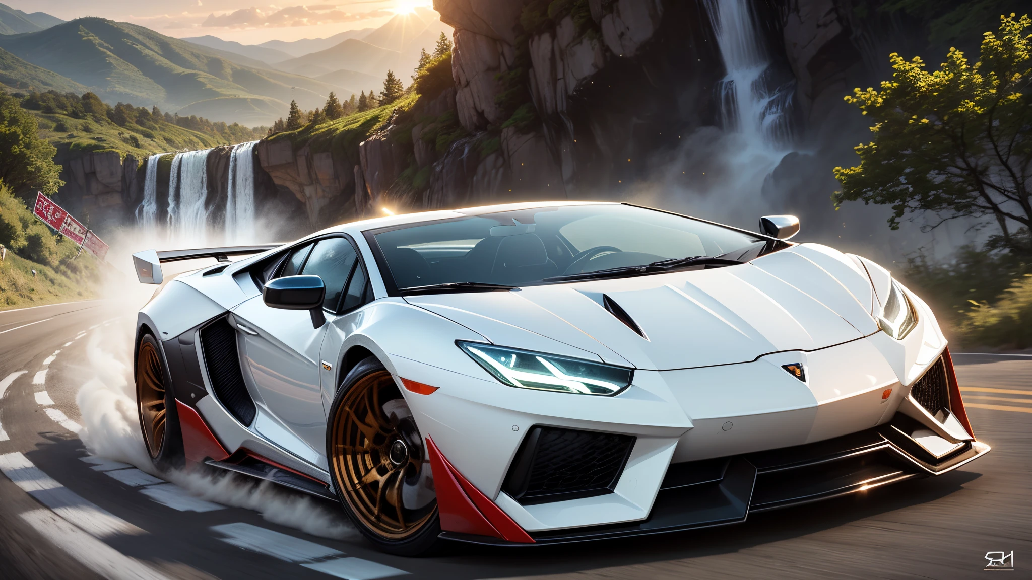white lambo drifting downhills, waterfall, sunset, hyper realistic --auto --s2