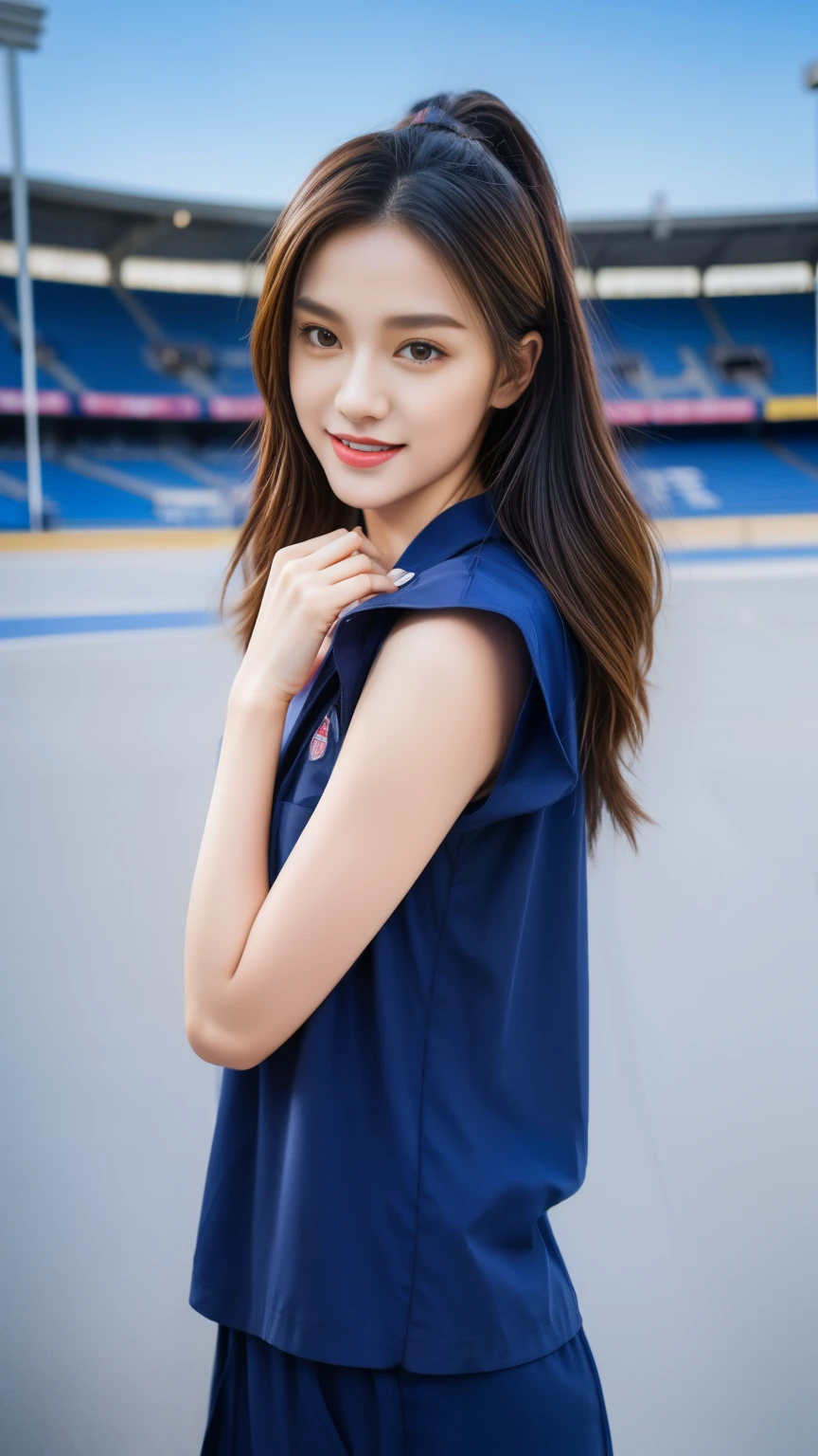 Cute Cheergirl、Sexy Big 、A cute 15-year-old girl with a sexy and cute look, beautiful and sexy face、A strong wind blows my hair in front of my face、With straight blonde hair、beautiful, Cute and sexy eyes hidden behind long bangs、Sexy Cheerleader