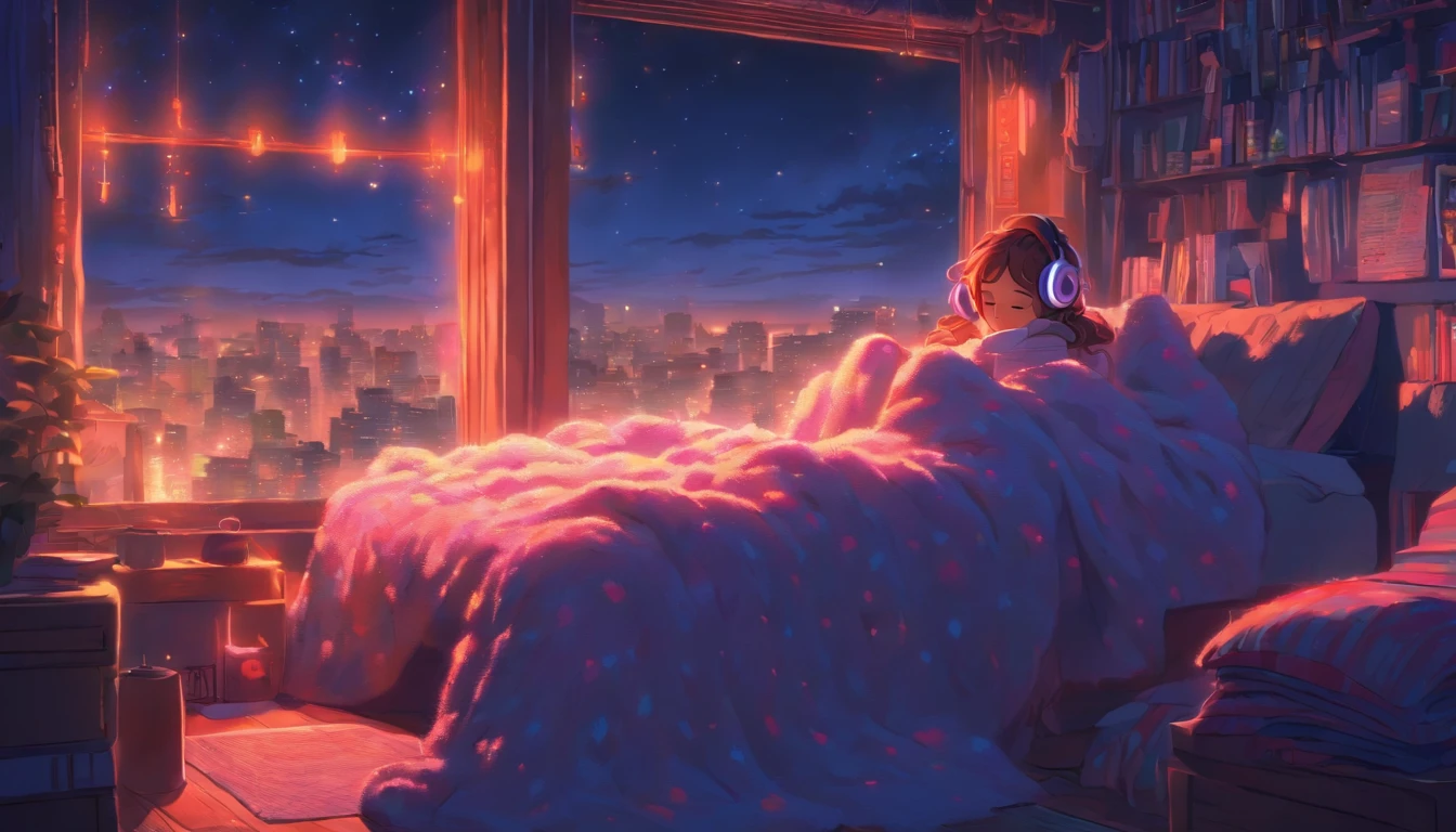 a girl, lying sleeping, wearing a big sweater, wearing headphones, legs covered with a blanket, lofi, calm, calm atmosphere, in her room looking at the window, cool, night, quiet night, masterpiece, best quality