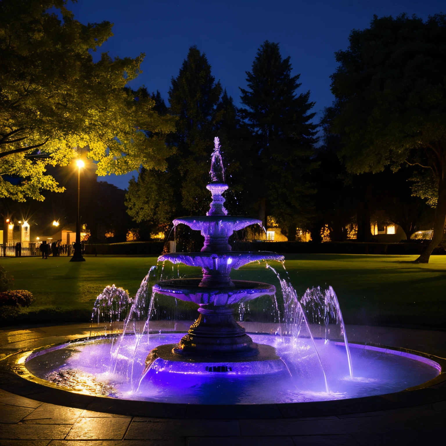 Illuminated fountain at night