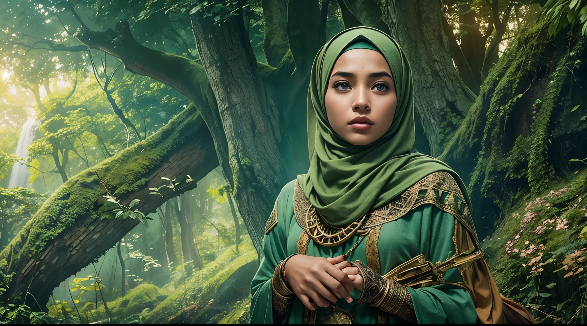 Craft a captivating photomanipulation with the Malay girl in hijab as the main character, set in a mystical and enchanted forest. Draw inspiration from scenes in fantasy classics like 'The Lord of the Rings,' emphasizing magic and wonder.